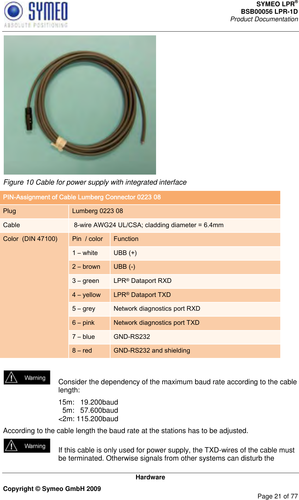 SYMEO LPR® BSB00056 LPR-1D  Product Documentation   Hardware Copyright © Symeo GmbH 2009     Page 21 of 77  Figure 10 Cable for power supply with integrated interface PIN-Assignment of Cable Lumberg Connector 0223 08 Plug Lumberg 0223 08 Cable  8-wire AWG24 UL/CSA; cladding diameter = 6.4mm Color  (DIN 47100) Pin  / color Function 1 – white UBB (+) 2 – brown UBB (-) 3 – green LPR® Dataport RXD 4 – yellow LPR® Dataport TXD 5 – grey Network diagnostics port RXD 6 – pink Network diagnostics port TXD 7 – blue GND-RS232 8 – red GND-RS232 and shielding    Consider the dependency of the maximum baud rate according to the cable length:   15m:   19.200baud   5m:   57.600baud &lt;2m: 115.200baud According to the cable length the baud rate at the stations has to be adjusted.   If this cable is only used for power supply, the TXD-wires of the cable must be terminated. Otherwise signals from other systems can disturb the 