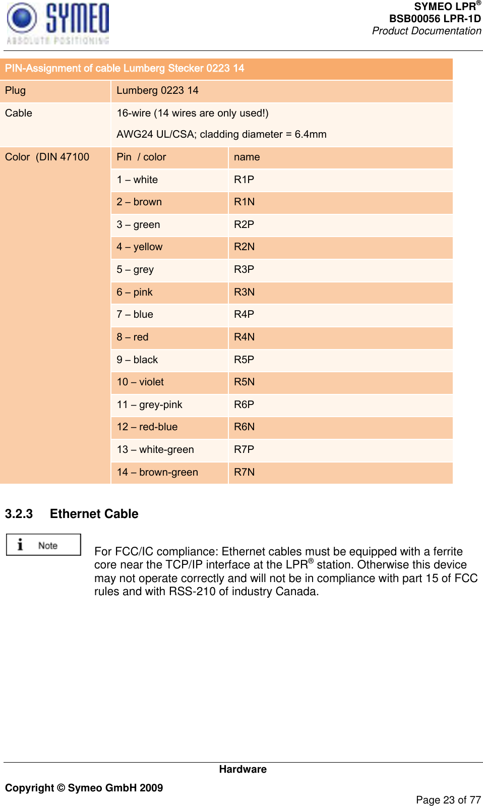 SYMEO LPR® BSB00056 LPR-1D  Product Documentation   Hardware Copyright © Symeo GmbH 2009     Page 23 of 77 PIN-Assignment of cable Lumberg Stecker 0223 14 Plug Lumberg 0223 14 Cable 16-wire (14 wires are only used!)  AWG24 UL/CSA; cladding diameter = 6.4mm Color  (DIN 47100 Pin  / color name 1 – white R1P 2 – brown R1N 3 – green R2P 4 – yellow R2N 5 – grey R3P 6 – pink R3N 7 – blue R4P 8 – red R4N 9 – black R5P 10 – violet R5N 11 – grey-pink R6P 12 – red-blue R6N 13 – white-green R7P 14 – brown-green R7N  3.2.3  Ethernet Cable    For FCC/IC compliance: Ethernet cables must be equipped with a ferrite core near the TCP/IP interface at the LPR® station. Otherwise this device may not operate correctly and will not be in compliance with part 15 of FCC rules and with RSS-210 of industry Canada.   