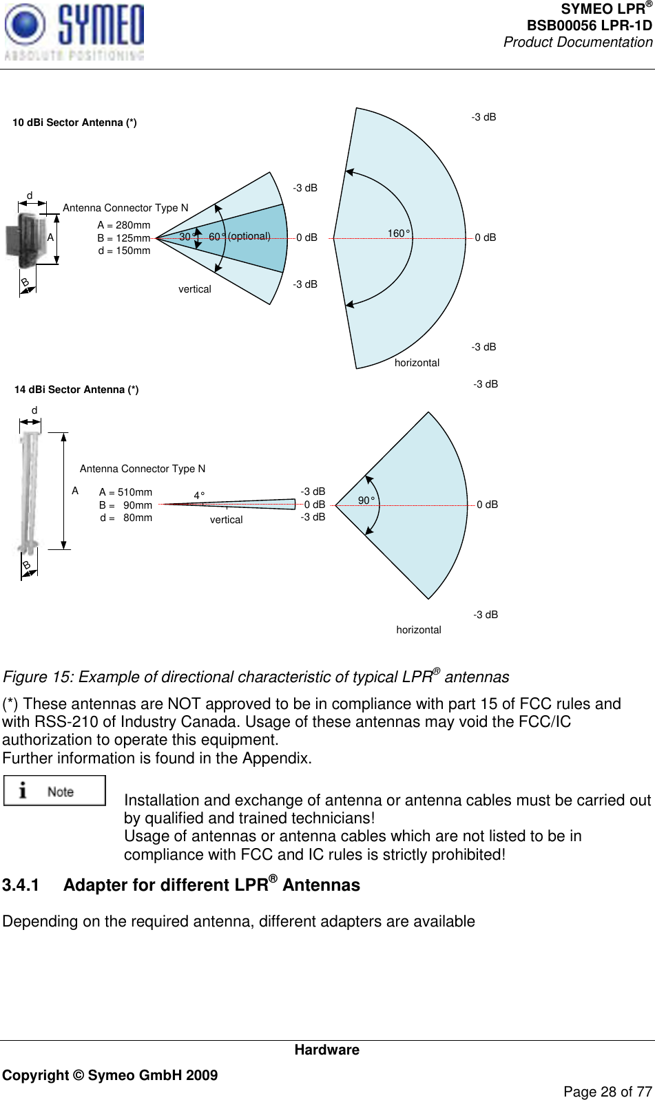 SYMEO LPR® BSB00056 LPR-1D  Product Documentation   Hardware Copyright © Symeo GmbH 2009     Page 28 of 77 10 dBi Sector Antenna (*)vertical60°30° (optional)-3 dB0 dB-3 dBhorizontal160°-3 dB0 dB-3 dBA dB A = 280mmB = 125mmd = 150mmAntenna Connector Type N14 dBi Sector Antenna (*)horizontal90°-3 dB0 dB-3 dBA dB A = 510mmB =   90mmd =   80mm vertical4° -3 dB0 dB-3 dBAntenna Connector Type N Figure 15: Example of directional characteristic of typical LPR® antennas (*) These antennas are NOT approved to be in compliance with part 15 of FCC rules and with RSS-210 of Industry Canada. Usage of these antennas may void the FCC/IC authorization to operate this equipment. Further information is found in the Appendix.     Installation and exchange of antenna or antenna cables must be carried out by qualified and trained technicians! Usage of antennas or antenna cables which are not listed to be in compliance with FCC and IC rules is strictly prohibited! 3.4.1  Adapter for different LPR® Antennas Depending on the required antenna, different adapters are available 