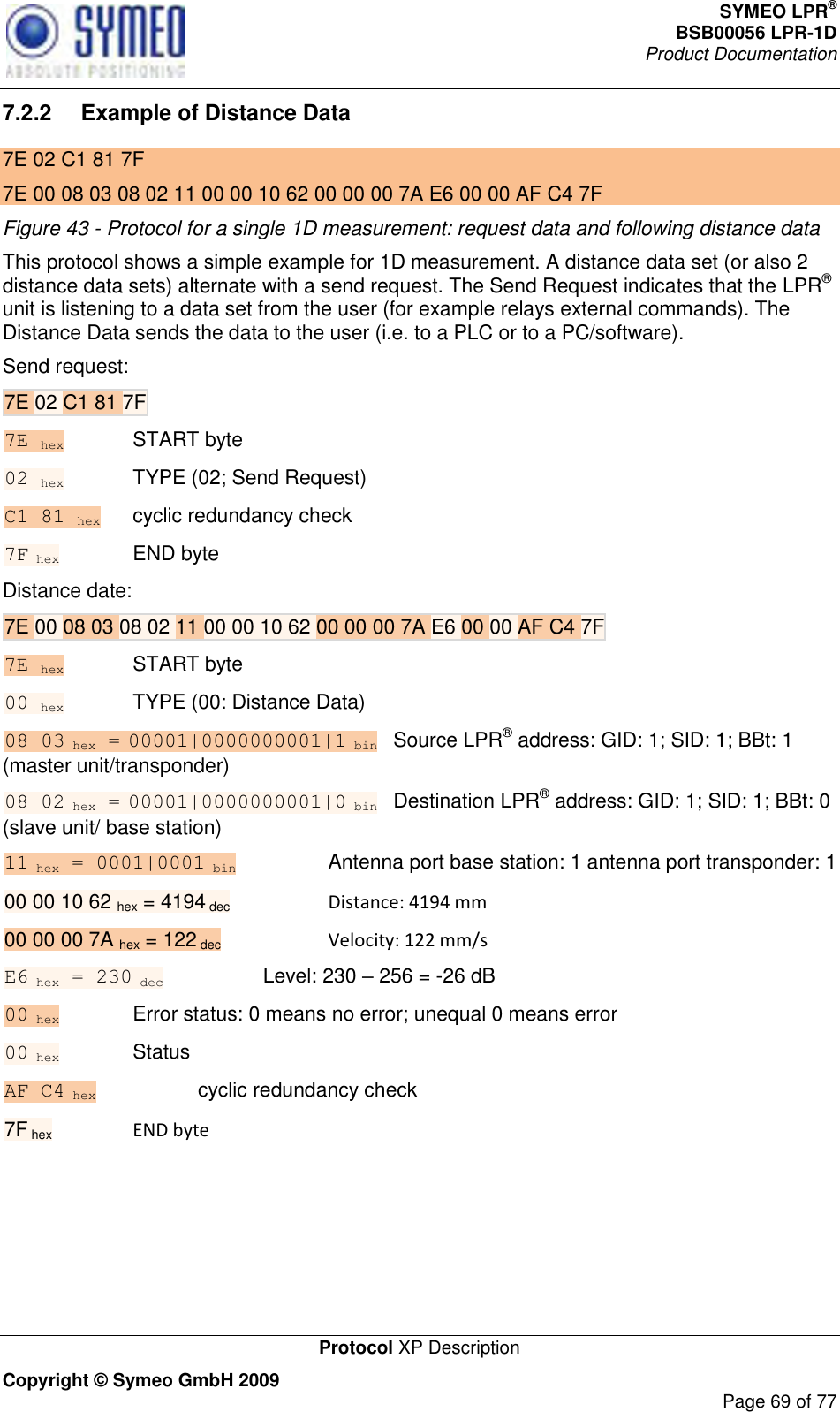 SYMEO LPR® BSB00056 LPR-1D  Product Documentation   Protocol XP Description Copyright © Symeo GmbH 2009     Page 69 of 77 7.2.2  Example of Distance Data  7E 02 C1 81 7F 7E 00 08 03 08 02 11 00 00 10 62 00 00 00 7A E6 00 00 AF C4 7F Figure 43 - Protocol for a single 1D measurement: request data and following distance data   This protocol shows a simple example for 1D measurement. A distance data set (or also 2 distance data sets) alternate with a send request. The Send Request indicates that the LPR® unit is listening to a data set from the user (for example relays external commands). The Distance Data sends the data to the user (i.e. to a PLC or to a PC/software). Send request: 7E 02 C1 81 7F  7E hex    START byte 02 hex    TYPE (02; Send Request) C1 81 hex    cyclic redundancy check 7F hex    END byte Distance date: 7E 00 08 03 08 02 11 00 00 10 62 00 00 00 7A E6 00 00 AF C4 7F 7E hex    START byte 00 hex    TYPE (00: Distance Data) 08 03 hex = 00001|0000000001|1 bin   Source LPR® address: GID: 1; SID: 1; BBt: 1 (master unit/transponder) 08 02 hex = 00001|0000000001|0 bin   Destination LPR® address: GID: 1; SID: 1; BBt: 0 (slave unit/ base station) 11 hex = 0001|0001 bin     Antenna port base station: 1 antenna port transponder: 1 00 00 10 62 hex = 4194 dec     Distance: 4194 mm 00 00 00 7A hex = 122 dec      Velocity: 122 mm/s E6 hex = 230 dec      Level: 230  256 = -26 dB 00 hex     Error status: 0 means no error; unequal 0 means error 00 hex     Status AF C4 hex      cyclic redundancy check 7F hex    END byte   