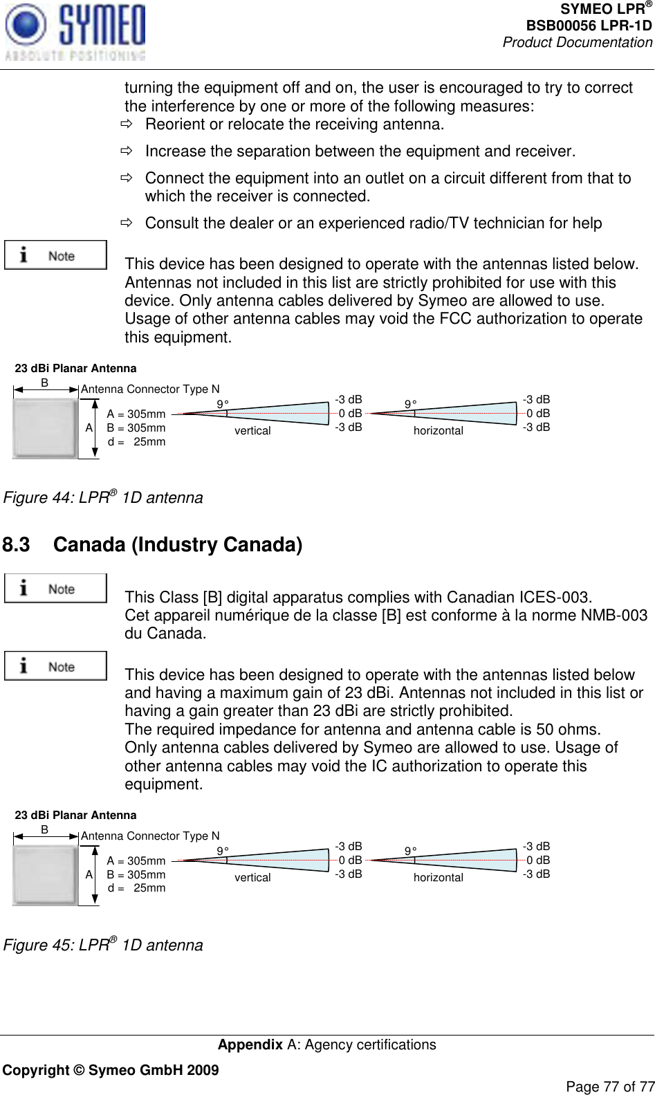 SYMEO LPR® BSB00056 LPR-1D  Product Documentation   Appendix A: Agency certifications Copyright © Symeo GmbH 2009     Page 77 of 77 turning the equipment off and on, the user is encouraged to try to correct the interference by one or more of the following measures:   Reorient or relocate the receiving antenna.   Increase the separation between the equipment and receiver.   Connect the equipment into an outlet on a circuit different from that to which the receiver is connected.   Consult the dealer or an experienced radio/TV technician for help   This device has been designed to operate with the antennas listed below. Antennas not included in this list are strictly prohibited for use with this device. Only antenna cables delivered by Symeo are allowed to use. Usage of other antenna cables may void the FCC authorization to operate this equipment. 23 dBi Planar Antennavertical9° -3 dB0 dB-3 dB horizontal9° -3 dB0 dB-3 dBA B A = 305mmB = 305mmd =   25mmAntenna Connector Type N Figure 44: LPR® 1D antenna 8.3  Canada (Industry Canada)    This Class [B] digital apparatus complies with Canadian ICES-003. Cet appareil numérique de la classe [B] est conforme à la norme NMB-003 du Canada.   This device has been designed to operate with the antennas listed below and having a maximum gain of 23 dBi. Antennas not included in this list or having a gain greater than 23 dBi are strictly prohibited. The required impedance for antenna and antenna cable is 50 ohms.  Only antenna cables delivered by Symeo are allowed to use. Usage of other antenna cables may void the IC authorization to operate this equipment. 23 dBi Planar Antennavertical9° -3 dB0 dB-3 dB horizontal9° -3 dB0 dB-3 dBA B A = 305mmB = 305mmd =   25mmAntenna Connector Type N Figure 45: LPR® 1D antenna 