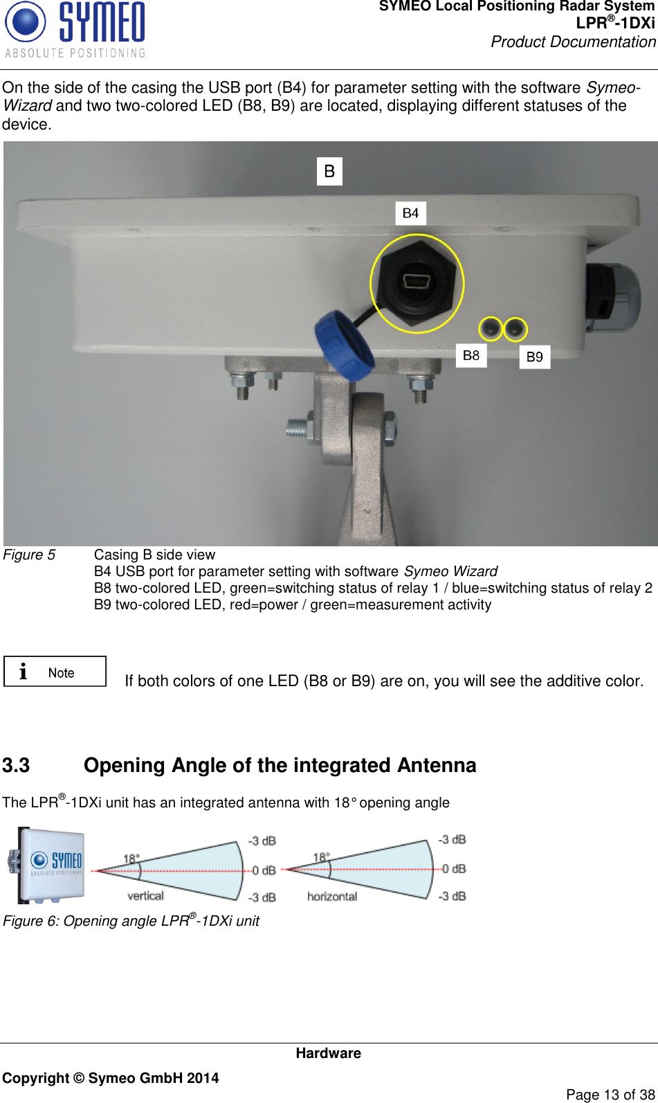 SYMEO Local Positioning Radar System LPR®-1DXi Product Documentation   Hardware Copyright © Symeo GmbH 2014     Page 13 of 38 On the side of the casing the USB port (B4) for parameter setting with the software Symeo- Wizard and two two-colored LED (B8, B9) are located, displaying different statuses of the device.  Figure 5  Casing B side view   B4 USB port for parameter setting with software Symeo Wizard   B8 two-colored LED, green=switching status of relay 1 / blue=switching status of relay 2   B9 two-colored LED, red=power / green=measurement activity     If both colors of one LED (B8 or B9) are on, you will see the additive color.   3.3  Opening Angle of the integrated Antenna The LPR®-1DXi unit has an integrated antenna with 18° opening angle   Figure 6: Opening angle LPR®-1DXi unit     