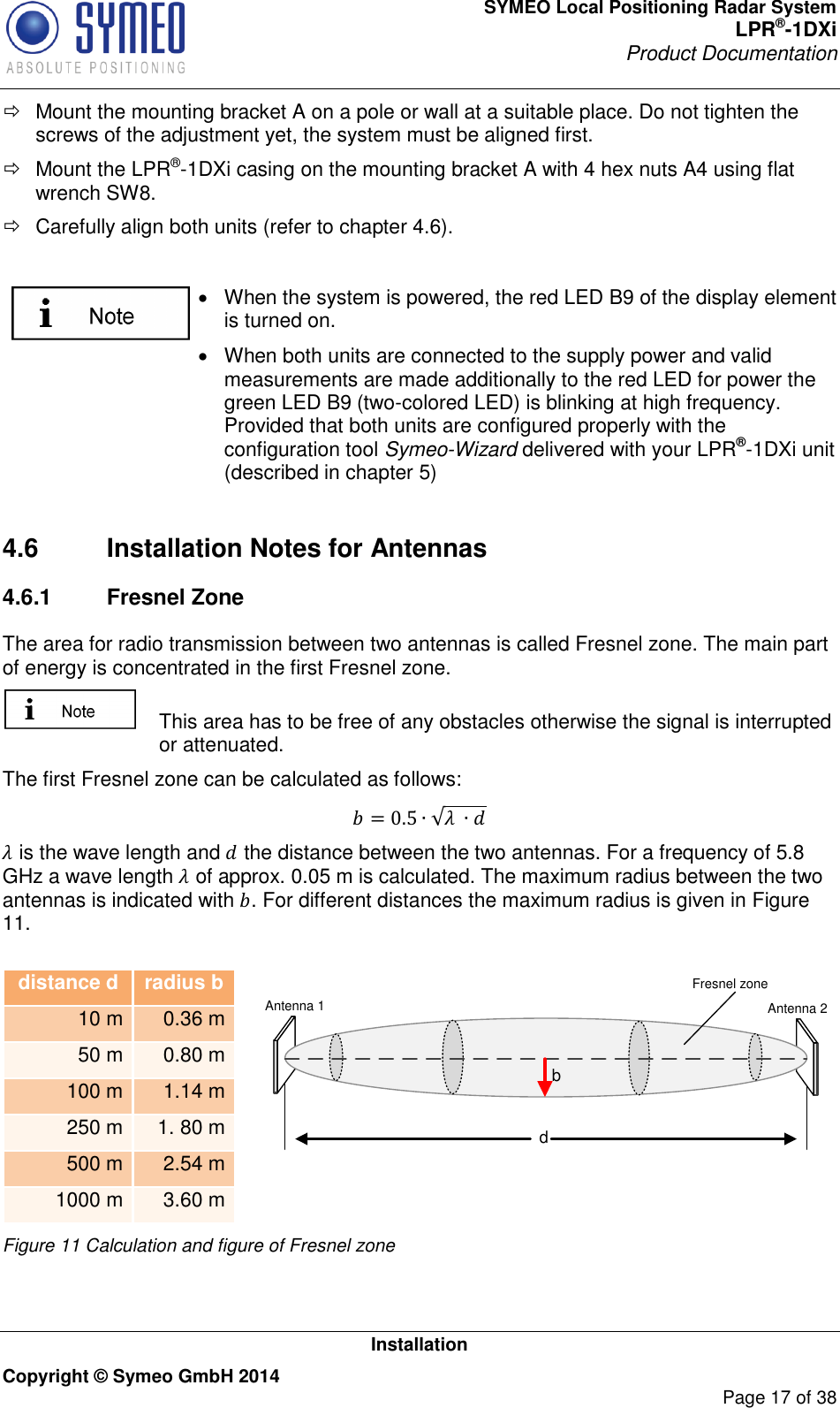 SYMEO Local Positioning Radar System LPR®-1DXi Product Documentation   Installation Copyright © Symeo GmbH 2014     Page 17 of 38   Mount the mounting bracket A on a pole or wall at a suitable place. Do not tighten the screws of the adjustment yet, the system must be aligned first.   Mount the LPR®-1DXi casing on the mounting bracket A with 4 hex nuts A4 using flat wrench SW8.    Carefully align both units (refer to chapter 4.6).    When the system is powered, the red LED B9 of the display element is turned on.    When both units are connected to the supply power and valid measurements are made additionally to the red LED for power the green LED B9 (two-colored LED) is blinking at high frequency. Provided that both units are configured properly with the configuration tool Symeo-Wizard delivered with your LPR®-1DXi unit (described in chapter 5)   4.6  Installation Notes for Antennas 4.6.1  Fresnel Zone The area for radio transmission between two antennas is called Fresnel zone. The main part of energy is concentrated in the first Fresnel zone.    This area has to be free of any obstacles otherwise the signal is interrupted or attenuated.  The first Fresnel zone can be calculated as follows:         is the wave length and  the distance between the two antennas. For a frequency of 5.8 GHz a wave length  of approx. 0.05 m is calculated. The maximum radius between the two antennas is indicated with . For different distances the maximum radius is given in Figure 11.   distance d radius b 10 m 0.36 m 50 m 0.80 m 100 m 1.14 m 250 m 1. 80 m 500 m 2.54 m 1000 m 3.60 m dbAntenna 1 Antenna 2Fresnel zone Figure 11 Calculation and figure of Fresnel zone   