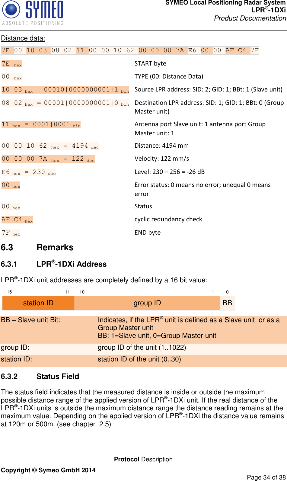 SYMEO Local Positioning Radar System LPR®-1DXi Product Documentation   Protocol Description Copyright © Symeo GmbH 2014     Page 34 of 38 Distance data: 7E 00 10 03 08 02 11 00 00 10 62 00 00 00 7A E6 00 00 AF C4 7F 7E hex    START byte 00 hex    TYPE (00: Distance Data) 10 03 hex = 00010|0000000001|1 bin   Source LPR address: SID: 2; GID: 1; BBt: 1 (Slave unit) 08 02 hex = 00001|0000000001|0 bin   Destination LPR address: SID: 1; GID: 1; BBt: 0 (Group Master unit) 11 hex = 0001|0001 bin      Antenna port Slave unit: 1 antenna port Group Master unit: 1 00 00 10 62 hex = 4194 dec     Distance: 4194 mm 00 00 00 7A hex = 122 dec      Velocity: 122 mm/s E6 hex = 230 dec      Level: 230 – 256 = -26 dB 00 hex      Error status: 0 means no error; unequal 0 means error 00 hex      Status AF C4 hex      cyclic redundancy check 7F hex      END byte 6.3  Remarks 6.3.1  LPR®-1DXi Address LPR®-1DXi unit addresses are completely defined by a 16 bit value: 15 11 10 1 0group ID BBstation ID BB – Slave unit Bit: Indicates, if the LPR® unit is defined as a Slave unit  or as a Group Master unit  BB: 1=Slave unit, 0=Group Master unit  group ID: group ID of the unit (1..1022) station ID: station ID of the unit (0..30) 6.3.2  Status Field The status field indicates that the measured distance is inside or outside the maximum possible distance range of the applied version of LPR®-1DXi unit. If the real distance of the LPR®-1DXi units is outside the maximum distance range the distance reading remains at the maximum value. Depending on the applied version of LPR®-1DXi the distance value remains at 120m or 500m. (see chapter  2.5)  