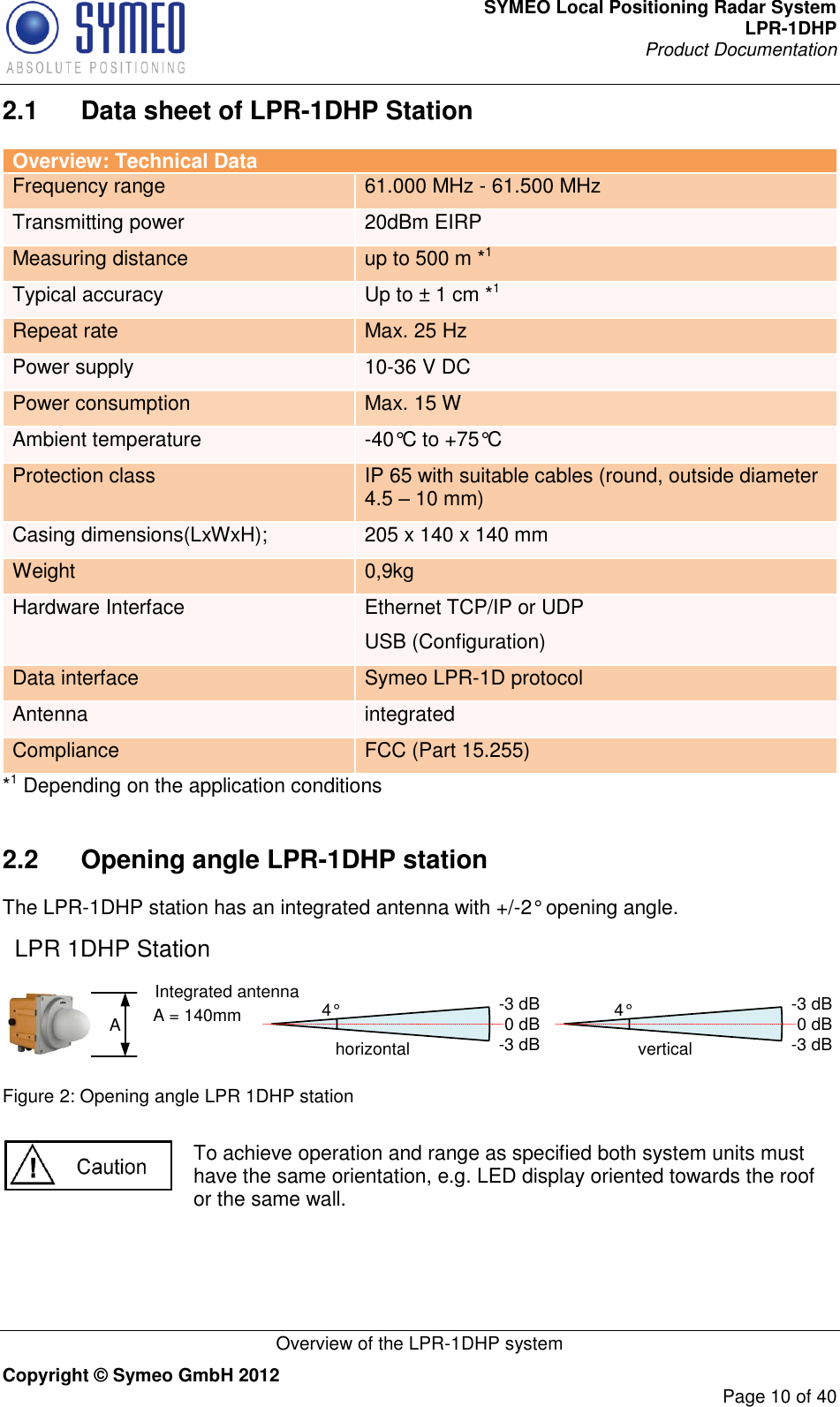 SYMEO Local Positioning Radar System LPR-1DHP Product Documentation   Overview of the LPR-1DHP system Copyright © Symeo GmbH 2012     Page 10 of 40 2.1  Data sheet of LPR-1DHP Station Overview: Technical Data Frequency range 61.000 MHz - 61.500 MHz Transmitting power 20dBm EIRP Measuring distance up to 500 m *1 Typical accuracy Up to ± 1 cm *1 Repeat rate Max. 25 Hz Power supply 10-36 V DC Power consumption Max. 15 W Ambient temperature -40°C to +75°C  Protection class IP 65 with suitable cables (round, outside diameter 4.5 – 10 mm) Casing dimensions(LxWxH);  205 x 140 x 140 mm Weight 0,9kg Hardware Interface Ethernet TCP/IP or UDP USB (Configuration) Data interface Symeo LPR-1D protocol Antenna integrated Compliance FCC (Part 15.255) *1 Depending on the application conditions  2.2  Opening angle LPR-1DHP station The LPR-1DHP station has an integrated antenna with +/-2° opening angle.   Figure 2: Opening angle LPR 1DHP station   To achieve operation and range as specified both system units must have the same orientation, e.g. LED display oriented towards the roof or the same wall. LPR 1DHP Station A  A = 140mmIntegrated antennahorizontal4° -3 dB0 dB-3 dB vertical4° -3 dB0 dB-3 dB