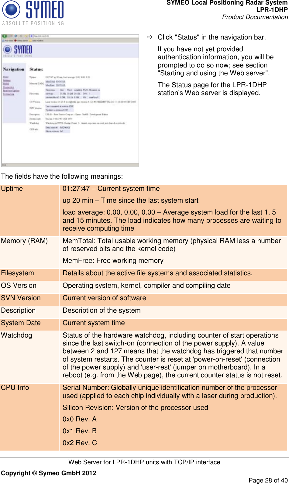 SYMEO Local Positioning Radar System LPR-1DHP Product Documentation   Web Server for LPR-1DHP units with TCP/IP interface Copyright © Symeo GmbH 2012     Page 28 of 40    Click &quot;Status&quot; in the navigation bar. If you have not yet provided authentication information, you will be prompted to do so now; see section &quot;Starting and using the Web server&quot;. The Status page for the LPR-1DHP station&apos;s Web server is displayed. The fields have the following meanings: Uptime 01:27:47 – Current system time up 20 min – Time since the last system start load average: 0.00, 0.00, 0.00 – Average system load for the last 1, 5 and 15 minutes. The load indicates how many processes are waiting to receive computing time Memory (RAM) MemTotal: Total usable working memory (physical RAM less a number of reserved bits and the kernel code) MemFree: Free working memory Filesystem Details about the active file systems and associated statistics. OS Version Operating system, kernel, compiler and compiling date SVN Version Current version of software Description Description of the system System Date Current system time Watchdog Status of the hardware watchdog, including counter of start operations since the last switch-on (connection of the power supply). A value between 2 and 127 means that the watchdog has triggered that number of system restarts. The counter is reset at &apos;power-on-reset&apos; (connection of the power supply) and &apos;user-rest&apos; (jumper on motherboard). In a reboot (e.g. from the Web page), the current counter status is not reset. CPU Info Serial Number: Globally unique identification number of the processor used (applied to each chip individually with a laser during production). Silicon Revision: Version of the processor used 0x0 Rev. A 0x1 Rev. B 0x2 Rev. C 