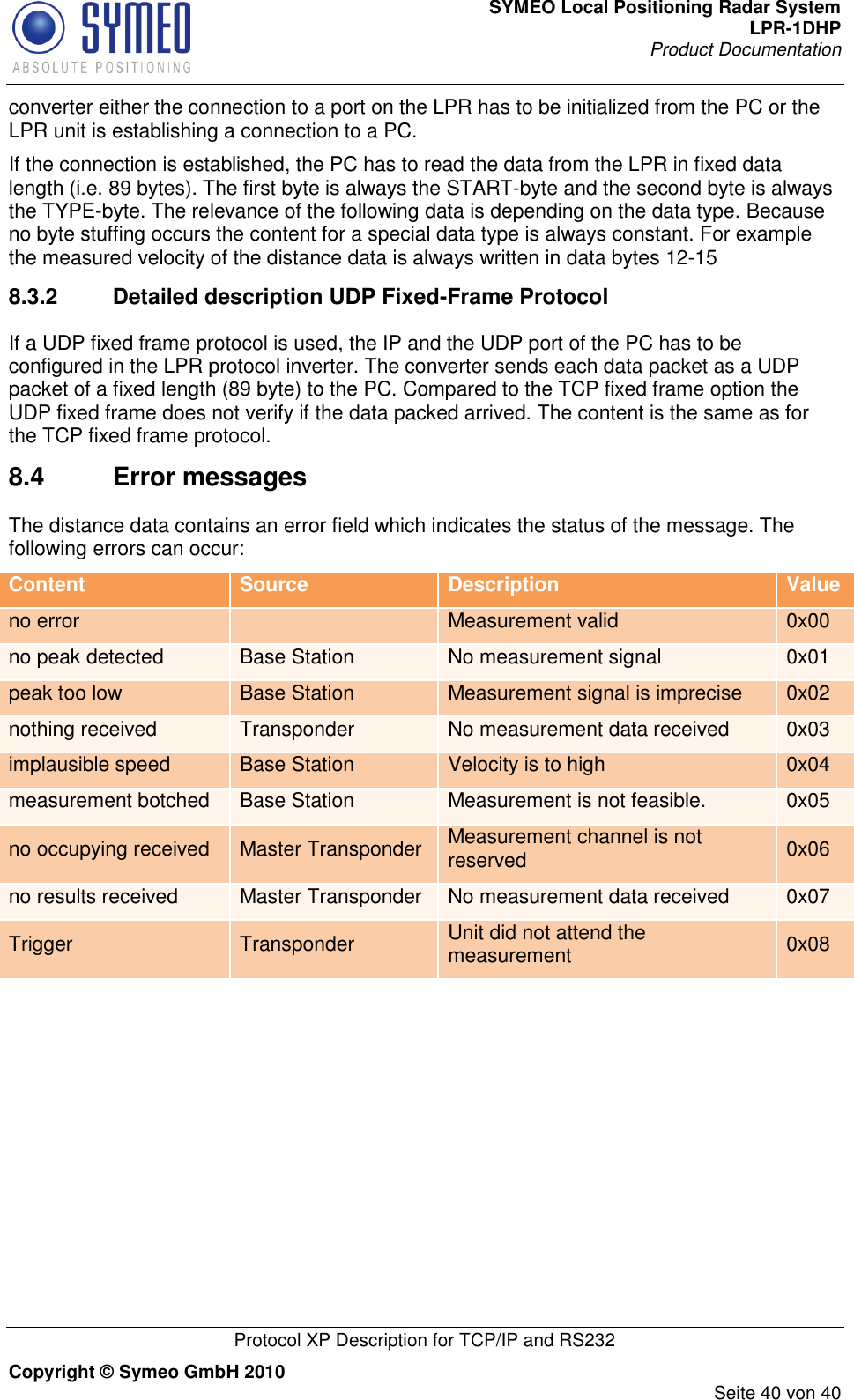 SYMEO Local Positioning Radar System LPR-1DHP Product Documentation   Protocol XP Description for TCP/IP and RS232 Copyright © Symeo GmbH 2010     Seite 40 von 40 converter either the connection to a port on the LPR has to be initialized from the PC or the LPR unit is establishing a connection to a PC.  If the connection is established, the PC has to read the data from the LPR in fixed data length (i.e. 89 bytes). The first byte is always the START-byte and the second byte is always the TYPE-byte. The relevance of the following data is depending on the data type. Because no byte stuffing occurs the content for a special data type is always constant. For example the measured velocity of the distance data is always written in data bytes 12-15  8.3.2  Detailed description UDP Fixed-Frame Protocol If a UDP fixed frame protocol is used, the IP and the UDP port of the PC has to be configured in the LPR protocol inverter. The converter sends each data packet as a UDP packet of a fixed length (89 byte) to the PC. Compared to the TCP fixed frame option the UDP fixed frame does not verify if the data packed arrived. The content is the same as for the TCP fixed frame protocol. 8.4  Error messages The distance data contains an error field which indicates the status of the message. The following errors can occur:  Content Source Description Value no error  Measurement valid  0x00 no peak detected Base Station No measurement signal 0x01 peak too low Base Station Measurement signal is imprecise 0x02 nothing received Transponder No measurement data received 0x03 implausible speed Base Station Velocity is to high 0x04 measurement botched Base Station Measurement is not feasible. 0x05 no occupying received Master Transponder Measurement channel is not reserved 0x06 no results received Master Transponder No measurement data received 0x07 Trigger Transponder Unit did not attend the measurement 0x08  