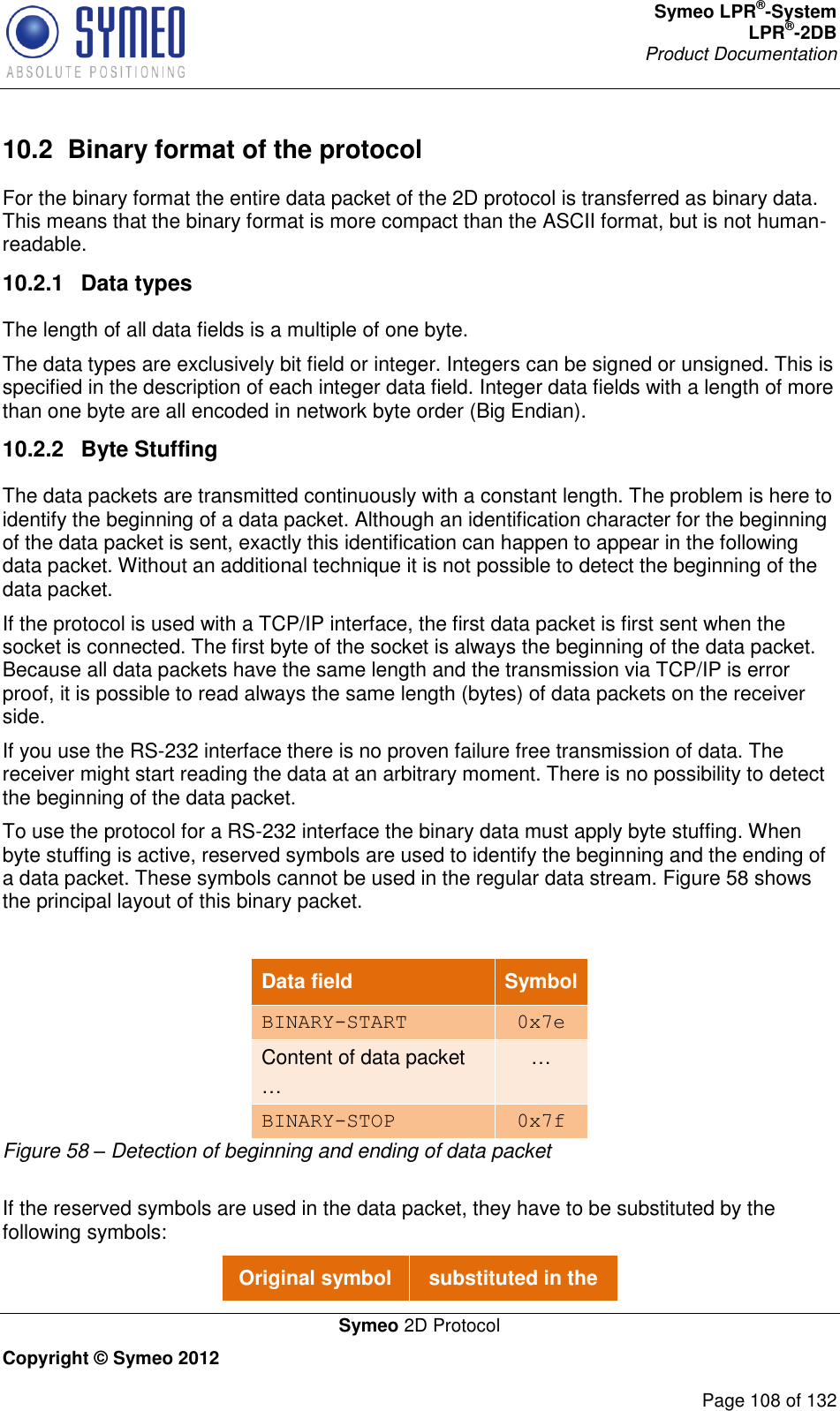 Symeo LPR®-System LPR®-2DB       Product Documentation   Symeo 2D Protocol Copyright © Symeo 2012          Page 108 of 132 10.2  Binary format of the protocol For the binary format the entire data packet of the 2D protocol is transferred as binary data. This means that the binary format is more compact than the ASCII format, but is not human-readable. 10.2.1  Data types  The length of all data fields is a multiple of one byte.  The data types are exclusively bit field or integer. Integers can be signed or unsigned. This is specified in the description of each integer data field. Integer data fields with a length of more than one byte are all encoded in network byte order (Big Endian). 10.2.2  Byte Stuffing The data packets are transmitted continuously with a constant length. The problem is here to identify the beginning of a data packet. Although an identification character for the beginning of the data packet is sent, exactly this identification can happen to appear in the following data packet. Without an additional technique it is not possible to detect the beginning of the data packet. If the protocol is used with a TCP/IP interface, the first data packet is first sent when the socket is connected. The first byte of the socket is always the beginning of the data packet. Because all data packets have the same length and the transmission via TCP/IP is error proof, it is possible to read always the same length (bytes) of data packets on the receiver side. If you use the RS-232 interface there is no proven failure free transmission of data. The receiver might start reading the data at an arbitrary moment. There is no possibility to detect the beginning of the data packet.  To use the protocol for a RS-232 interface the binary data must apply byte stuffing. When byte stuffing is active, reserved symbols are used to identify the beginning and the ending of a data packet. These symbols cannot be used in the regular data stream. Figure 58 shows the principal layout of this binary packet.  Data field Symbol BINARY-START 0x7e Content of data packet … … BINARY-STOP 0x7f Figure 58 – Detection of beginning and ending of data packet  If the reserved symbols are used in the data packet, they have to be substituted by the following symbols: Original symbol substituted in the 