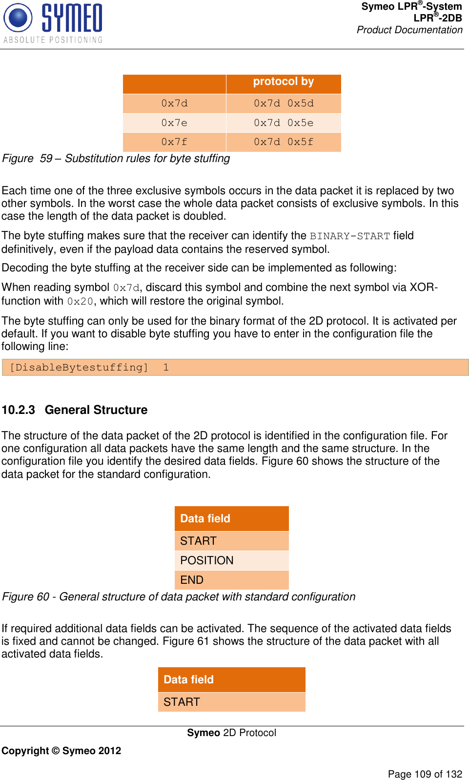 Symeo LPR®-System LPR®-2DB       Product Documentation   Symeo 2D Protocol Copyright © Symeo 2012          Page 109 of 132 protocol by 0x7d 0x7d 0x5d 0x7e 0x7d 0x5e 0x7f 0x7d 0x5f Figure  59 – Substitution rules for byte stuffing  Each time one of the three exclusive symbols occurs in the data packet it is replaced by two other symbols. In the worst case the whole data packet consists of exclusive symbols. In this case the length of the data packet is doubled.  The byte stuffing makes sure that the receiver can identify the BINARY-START field definitively, even if the payload data contains the reserved symbol. Decoding the byte stuffing at the receiver side can be implemented as following:  When reading symbol 0x7d, discard this symbol and combine the next symbol via XOR-function with 0x20, which will restore the original symbol. The byte stuffing can only be used for the binary format of the 2D protocol. It is activated per default. If you want to disable byte stuffing you have to enter in the configuration file the following line: [DisableBytestuffing]  1  10.2.3  General Structure The structure of the data packet of the 2D protocol is identified in the configuration file. For one configuration all data packets have the same length and the same structure. In the configuration file you identify the desired data fields. Figure 60 shows the structure of the data packet for the standard configuration.  Data field START POSITION END Figure 60 - General structure of data packet with standard configuration  If required additional data fields can be activated. The sequence of the activated data fields is fixed and cannot be changed. Figure 61 shows the structure of the data packet with all activated data fields. Data field START 