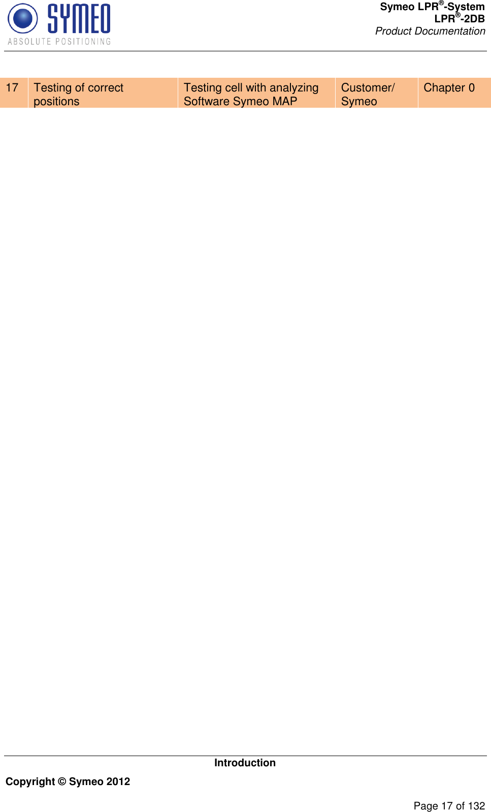 Symeo LPR®-System LPR®-2DB       Product Documentation   Introduction Copyright © Symeo 2012          Page 17 of 132 17 Testing of correct positions Testing cell with analyzing Software Symeo MAP Customer/ Symeo Chapter 0     