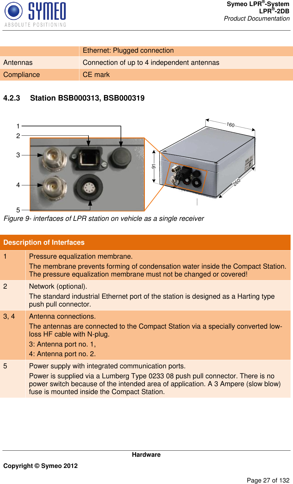 Symeo LPR®-System LPR®-2DB       Product Documentation   Hardware Copyright © Symeo 2012          Page 27 of 132 Ethernet: Plugged connection Antennas Connection of up to 4 independent antennas Compliance CE mark  4.2.3  Station BSB000313, BSB000319  1912601602345 Figure 9- interfaces of LPR station on vehicle as a single receiver  Description of Interfaces 1 Pressure equalization membrane. The membrane prevents forming of condensation water inside the Compact Station. The pressure equalization membrane must not be changed or covered! 2 Network (optional). The standard industrial Ethernet port of the station is designed as a Harting type push pull connector. 3, 4 Antenna connections. The antennas are connected to the Compact Station via a specially converted low-loss HF cable with N-plug.  3: Antenna port no. 1,  4: Antenna port no. 2. 5 Power supply with integrated communication ports.  Power is supplied via a Lumberg Type 0233 08 push pull connector. There is no power switch because of the intended area of application. A 3 Ampere (slow blow) fuse is mounted inside the Compact Station. 