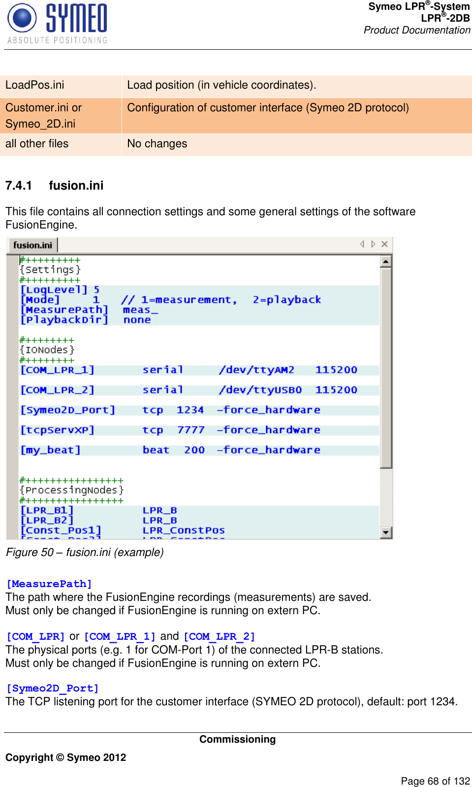 Symeo LPR®-System LPR®-2DB       Product Documentation   Commissioning Copyright © Symeo 2012          Page 68 of 132 LoadPos.ini Load position (in vehicle coordinates). Customer.ini or Symeo_2D.ini Configuration of customer interface (Symeo 2D protocol) all other files No changes  7.4.1  fusion.ini This file contains all connection settings and some general settings of the software FusionEngine.  Figure 50 – fusion.ini (example)  [MeasurePath] The path where the FusionEngine recordings (measurements) are saved. Must only be changed if FusionEngine is running on extern PC.  [COM_LPR] or [COM_LPR_1] and [COM_LPR_2] The physical ports (e.g. 1 for COM-Port 1) of the connected LPR-B stations. Must only be changed if FusionEngine is running on extern PC.  [Symeo2D_Port] The TCP listening port for the customer interface (SYMEO 2D protocol), default: port 1234.  