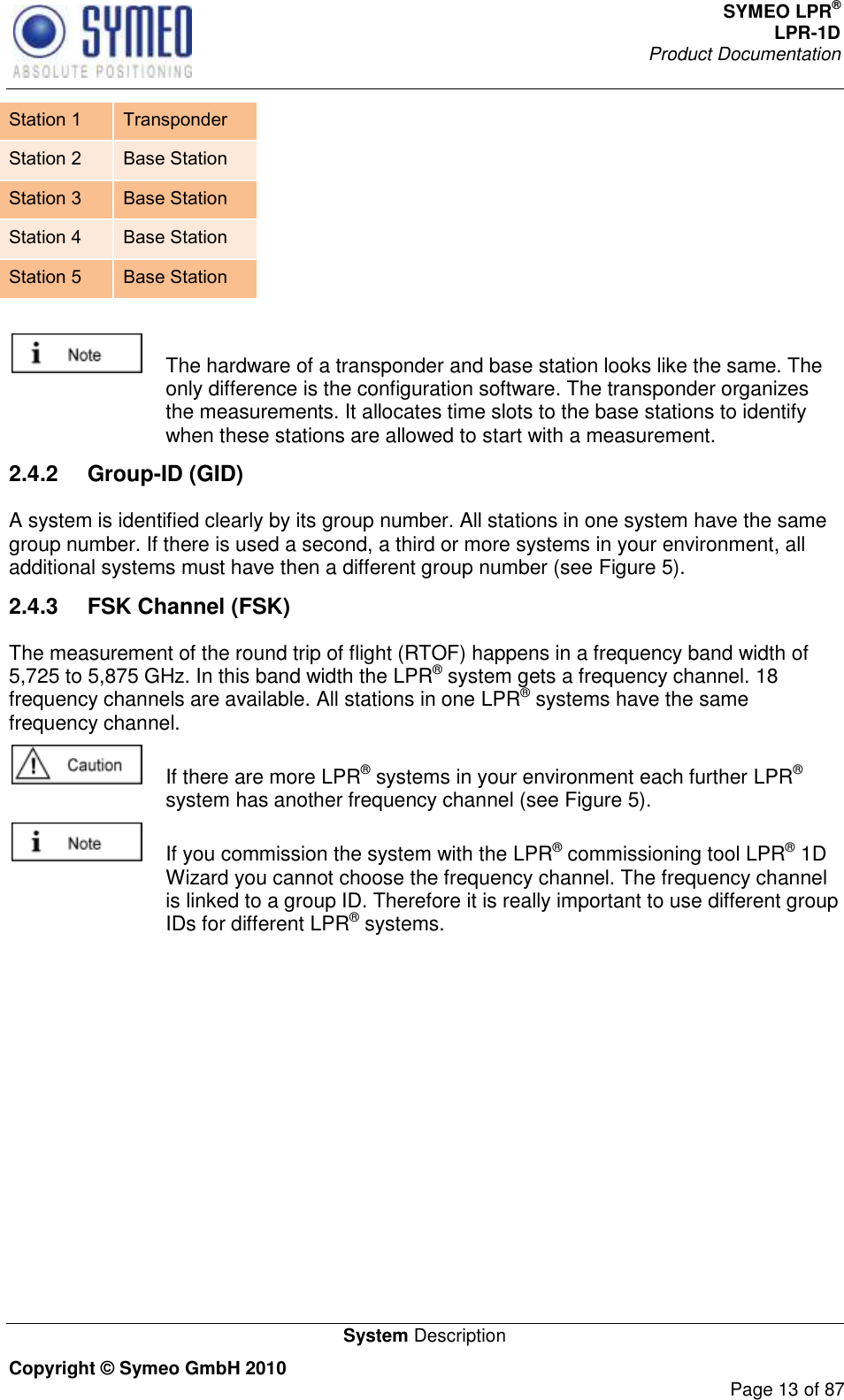 SYMEO LPR® LPR-1D Product Documentation   System Description Copyright © Symeo GmbH 2010     Page 13 of 87 Station 1 Transponder Station 2 Base Station Station 3 Base Station Station 4 Base Station Station 5 Base Station     The hardware of a transponder and base station looks like the same. The only difference is the configuration software. The transponder organizes the measurements. It allocates time slots to the base stations to identify when these stations are allowed to start with a measurement.  2.4.2  Group-ID (GID) A system is identified clearly by its group number. All stations in one system have the same group number. If there is used a second, a third or more systems in your environment, all additional systems must have then a different group number (see Figure 5).   2.4.3  FSK Channel (FSK) The measurement of the round trip of flight (RTOF) happens in a frequency band width of 5,725 to 5,875 GHz. In this band width the LPR® system gets a frequency channel. 18 frequency channels are available. All stations in one LPR® systems have the same frequency channel.     If there are more LPR® systems in your environment each further LPR® system has another frequency channel (see Figure 5).    If you commission the system with the LPR® commissioning tool LPR® 1D Wizard you cannot choose the frequency channel. The frequency channel is linked to a group ID. Therefore it is really important to use different group IDs for different LPR® systems. 