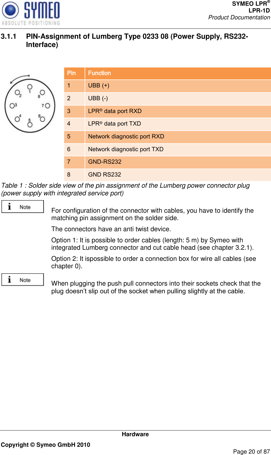 SYMEO LPR® LPR-1D Product Documentation   Hardware Copyright © Symeo GmbH 2010     Page 20 of 87 3.1.1  PIN-Assignment of Lumberg Type 0233 08 (Power Supply, RS232-Interface)  Overview Pin Function 1   UBB (+) 2 UBB (-) 3 LPR® data port RXD 4 LPR® data port TXD 5 Network diagnostic port RXD 6 Network diagnostic port TXD 7 GND-RS232 8 GND RS232 Table 1 : Solder side view of the pin assignment of the Lumberg power connector plug (power supply with integrated service port)   For configuration of the connector with cables, you have to identify the matching pin assignment on the solder side.   The connectors have an anti twist device.   Option 1: It is possible to order cables (length: 5 m) by Symeo with integrated Lumberg connector and cut cable head (see chapter 3.2.1).   Option 2: It ispossible to order a connection box for wire all cables (see chapter 0).    When plugging the push pull connectors into their sockets check that the    