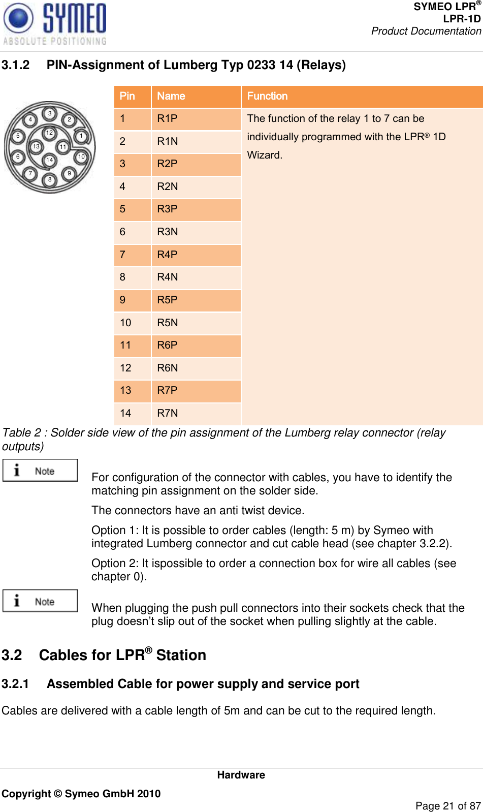 SYMEO LPR® LPR-1D Product Documentation   Hardware Copyright © Symeo GmbH 2010     Page 21 of 87 3.1.2  PIN-Assignment of Lumberg Typ 0233 14 (Relays) Overview124 3567891014131211 Pin Name Function 1   R1P   The function of the relay 1 to 7 can be individually programmed with the LPR® 1D Wizard. 2 R1N 3 R2P 4 R2N 5 R3P 6 R3N 7 R4P 8 R4N  9 R5P  10 R5N  11 R6P  12 R6N  13 R7P  14 R7N Table 2 : Solder side view of the pin assignment of the Lumberg relay connector (relay outputs)   For configuration of the connector with cables, you have to identify the matching pin assignment on the solder side.   The connectors have an anti twist device.   Option 1: It is possible to order cables (length: 5 m) by Symeo with integrated Lumberg connector and cut cable head (see chapter 3.2.2).   Option 2: It ispossible to order a connection box for wire all cables (see chapter 0).    When plugging the push pull connectors into their sockets check that the  3.2  Cables for LPR® Station 3.2.1  Assembled Cable for power supply and service port Cables are delivered with a cable length of 5m and can be cut to the required length.  