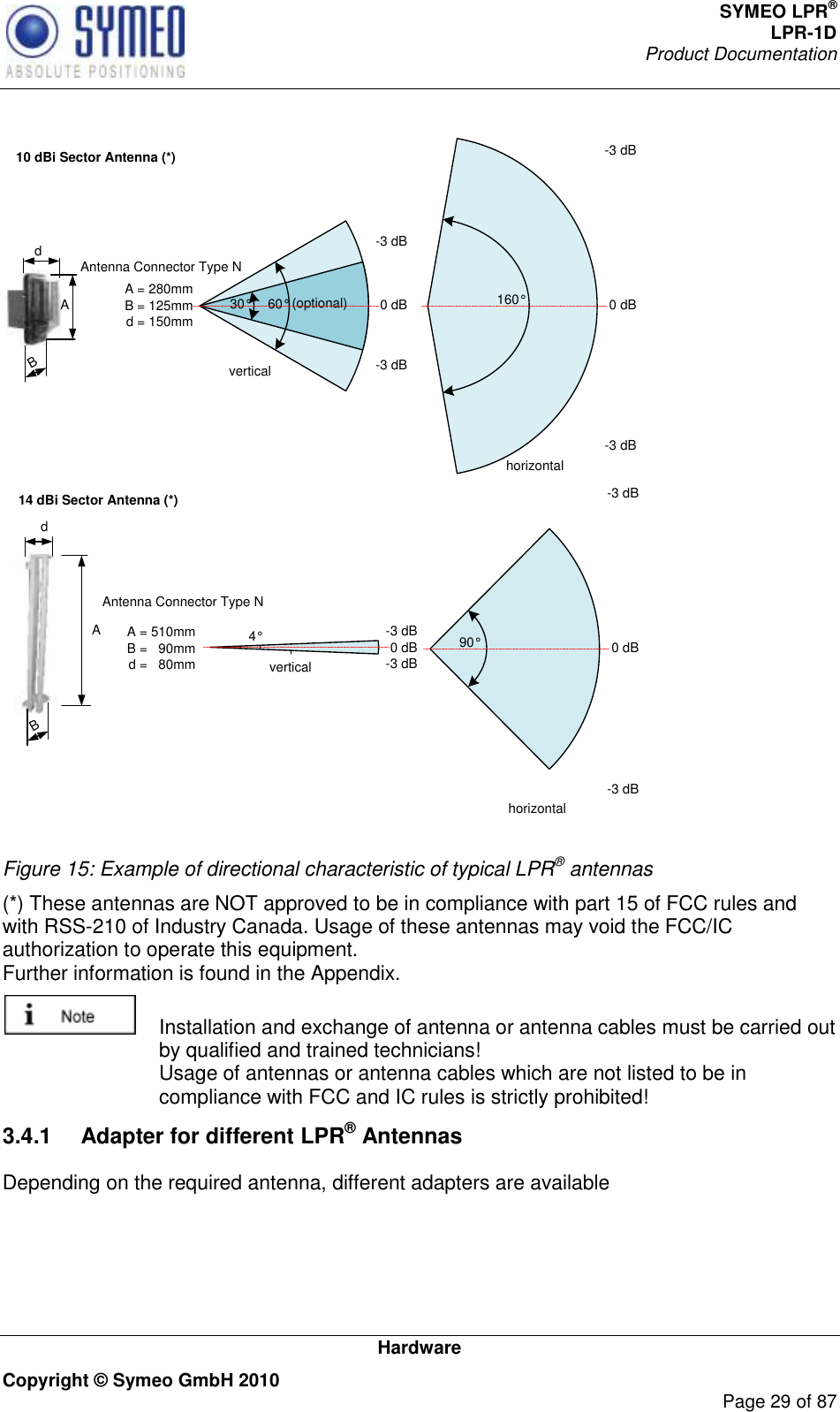 SYMEO LPR® LPR-1D Product Documentation   Hardware Copyright © Symeo GmbH 2010     Page 29 of 87 10 dBi Sector Antenna (*)vertical60°30° (optional)-3 dB0 dB-3 dBhorizontal160°-3 dB0 dB-3 dBA dB A = 280mmB = 125mmd = 150mmAntenna Connector Type N14 dBi Sector Antenna (*)horizontal90°-3 dB0 dB-3 dBA dB A = 510mmB =   90mmd =   80mm vertical4° -3 dB0 dB-3 dBAntenna Connector Type N Figure 15: Example of directional characteristic of typical LPR® antennas (*) These antennas are NOT approved to be in compliance with part 15 of FCC rules and with RSS-210 of Industry Canada. Usage of these antennas may void the FCC/IC authorization to operate this equipment. Further information is found in the Appendix.     Installation and exchange of antenna or antenna cables must be carried out by qualified and trained technicians! Usage of antennas or antenna cables which are not listed to be in compliance with FCC and IC rules is strictly prohibited! 3.4.1  Adapter for different LPR® Antennas Depending on the required antenna, different adapters are available 