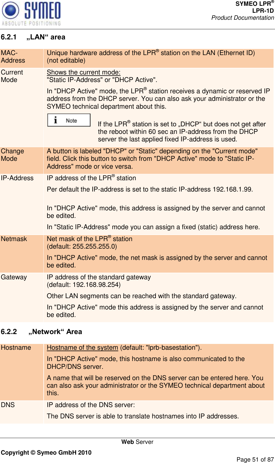 SYMEO LPR® LPR-1D Product Documentation   Web Server Copyright © Symeo GmbH 2010     Page 51 of 87 6.2.1  „LAN“ area MAC-Address Unique hardware address of the LPR® station on the LAN (Ethernet ID) (not editable) Current Mode Shows the current mode:  &quot;Static IP-Address&quot; or &quot;DHCP Active&quot;.  In &quot;DHCP Active&quot; mode, the LPR® station receives a dynamic or reserved IP address from the DHCP server. You can also ask your administrator or the SYMEO technical department about this.     If the LPR® the reboot within 60 sec an IP-address from the DHCP server the last applied fixed IP-address is used. Change Mode A button is labeled &quot;DHCP&quot; or &quot;Static&quot; depending on the &quot;Current mode&quot; field. Click this button to switch from &quot;DHCP Active&quot; mode to &quot;Static IP-Address&quot; mode or vice versa. IP-Address IP address of the LPR® station  Per default the IP-address is set to the static IP-address 192.168.1.99.  In &quot;DHCP Active&quot; mode, this address is assigned by the server and cannot be edited. In &quot;Static IP-Address&quot; mode you can assign a fixed (static) address here. Netmask Net mask of the LPR® station  (default: 255.255.255.0) In &quot;DHCP Active&quot; mode, the net mask is assigned by the server and cannot be edited. Gateway IP address of the standard gateway (default: 192.168.98.254) Other LAN segments can be reached with the standard gateway. In &quot;DHCP Active&quot; mode this address is assigned by the server and cannot be edited. 6.2.2   „Network“ Area Hostname Hostname of the system (default: &quot;lprb-basestation&quot;). In &quot;DHCP Active&quot; mode, this hostname is also communicated to the DHCP/DNS server.  A name that will be reserved on the DNS server can be entered here. You can also ask your administrator or the SYMEO technical department about this. DNS IP address of the DNS server:  The DNS server is able to translate hostnames into IP addresses. 