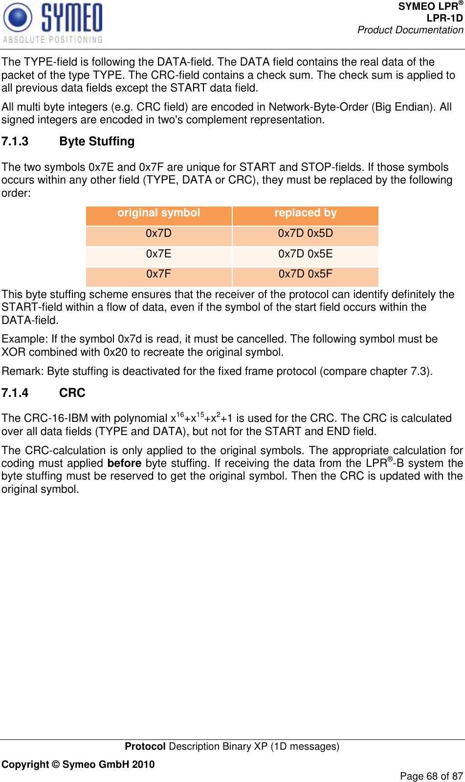 SYMEO LPR® LPR-1D Product Documentation   Protocol Description Binary XP (1D messages) Copyright © Symeo GmbH 2010     Page 68 of 87 The TYPE-field is following the DATA-field. The DATA field contains the real data of the packet of the type TYPE. The CRC-field contains a check sum. The check sum is applied to all previous data fields except the START data field.  All multi byte integers (e.g. CRC field) are encoded in Network-Byte-Order (Big Endian). All signed integers are encoded in two&apos;s complement representation. 7.1.3  Byte Stuffing The two symbols 0x7E and 0x7F are unique for START and STOP-fields. If those symbols occurs within any other field (TYPE, DATA or CRC), they must be replaced by the following order: original symbol replaced by 0x7D 0x7D 0x5D 0x7E 0x7D 0x5E 0x7F 0x7D 0x5F This byte stuffing scheme ensures that the receiver of the protocol can identify definitely the START-field within a flow of data, even if the symbol of the start field occurs within the DATA-field. Example: If the symbol 0x7d is read, it must be cancelled. The following symbol must be XOR combined with 0x20 to recreate the original symbol. Remark: Byte stuffing is deactivated for the fixed frame protocol (compare chapter 7.3).  7.1.4  CRC  The CRC-16-IBM with polynomial x16+x15+x2+1 is used for the CRC. The CRC is calculated over all data fields (TYPE and DATA), but not for the START and END field. The CRC-calculation is only applied to the original symbols. The appropriate calculation for coding must applied before byte stuffing. If receiving the data from the LPR®-B system the byte stuffing must be reserved to get the original symbol. Then the CRC is updated with the original symbol.    