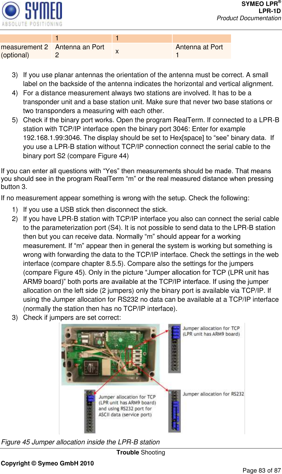 SYMEO LPR® LPR-1D Product Documentation   Trouble Shooting Copyright © Symeo GmbH 2010     Page 83 of 87 1 1 measurement 2 (optional) Antenna an Port 2 x Antenna at Port 1  3)  If you use planar antennas the orientation of the antenna must be correct. A small label on the backside of the antenna indicates the horizontal and vertical alignment. 4)  For a distance measurement always two stations are involved. It has to be a transponder unit and a base station unit. Make sure that never two base stations or two transponders a measuring with each other. 5)  Check if the binary port works. Open the program RealTerm. If connected to a LPR-B station with TCP/IP interface open the binary port 3046: Enter for example 192.168.1.99:3046. The display should be set to Hex[spacyou use a LPR-B station without TCP/IP connection connect the serial cable to the binary port S2 (compare Figure 44) If you button 3.  If no measurement appear something is wrong with the setup. Check the following: 1)  If you use a USB stick then disconnect the stick.  2)  If you have LPR-B station with TCP/IP interface you also can connect the serial cable to the parameterization port (S4). It is not possible to send data to the LPR-B station then but you can receive dawrong with forwarding the data to the TCP/IP interface. Check the settings in the web interface (compare chapter 8.5.5). Compare also the settings for the jumpers (compare Figure 45allocation on the left side (2 jumpers) only the binary port is available via TCP/IP. If using the Jumper allocation for RS232 no data can be available at a TCP/IP interface (normally the station then has no TCP/IP interface). 3)  Check if jumpers are set correct:  Figure 45 Jumper allocation inside the LPR-B station 