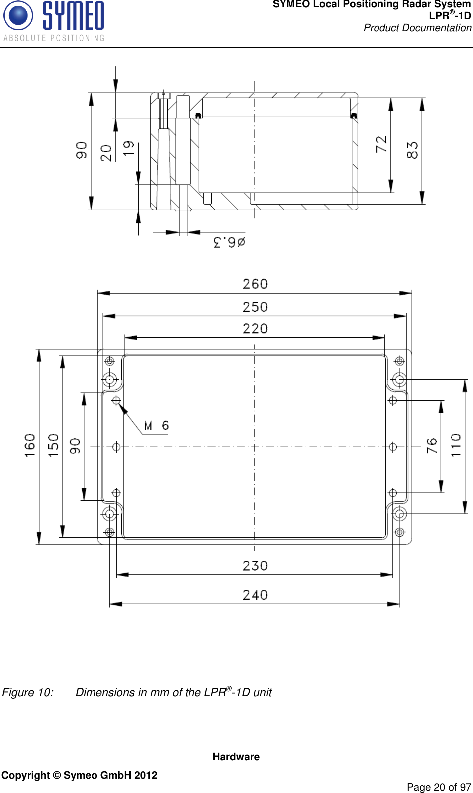 SYMEO Local Positioning Radar System LPR®-1D Product Documentation   Hardware Copyright © Symeo GmbH 2012     Page 20 of 97 Figure 10:  Dimensions in mm of the LPR®-1D unit 