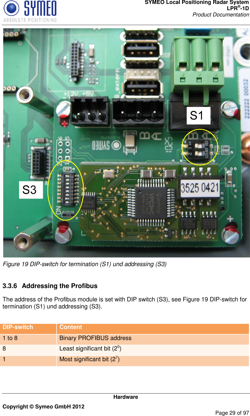 SYMEO Local Positioning Radar System LPR®-1D Product Documentation   Hardware Copyright © Symeo GmbH 2012     Page 29 of 97  Figure 19 DIP-switch for termination (S1) und addressing (S3)  3.3.6  Addressing the Profibus The address of the Profibus module is set with DIP switch (S3), see Figure 19 DIP-switch for termination (S1) und addressing (S3).  DIP-switch Content 1 to 8 Binary PROFIBUS address 8 Least significant bit (20) 1 Most significant bit (27)   