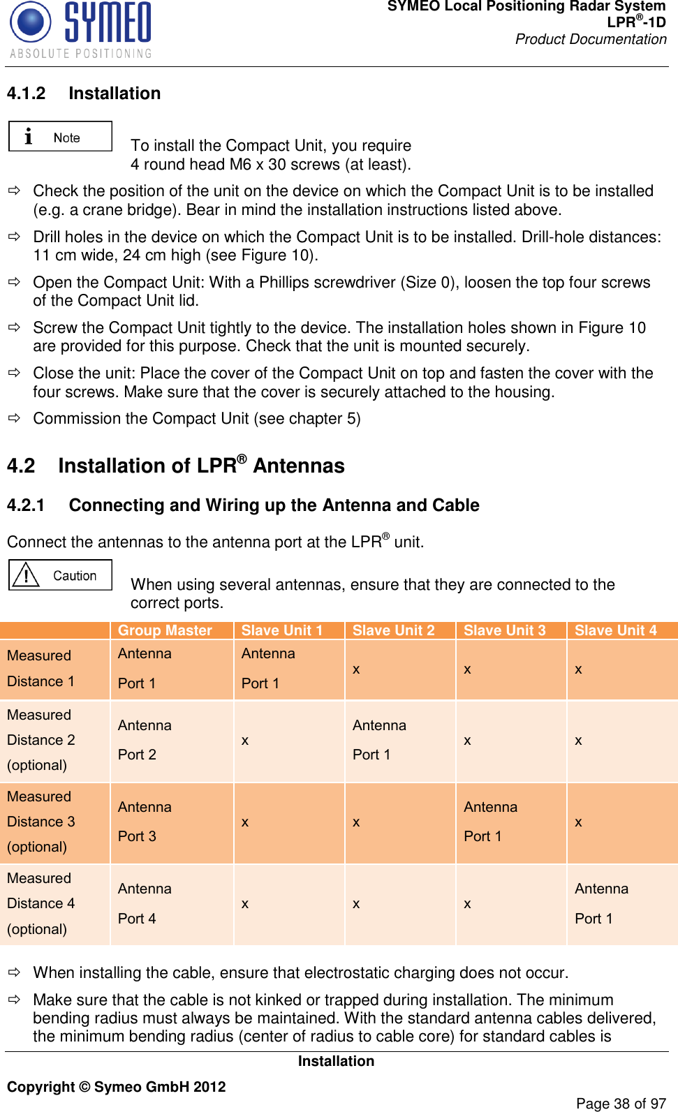 SYMEO Local Positioning Radar System LPR®-1D Product Documentation   Installation Copyright © Symeo GmbH 2012     Page 38 of 97 4.1.2  Installation   To install the Compact Unit, you require 4 round head M6 x 30 screws (at least).   Check the position of the unit on the device on which the Compact Unit is to be installed (e.g. a crane bridge). Bear in mind the installation instructions listed above.   Drill holes in the device on which the Compact Unit is to be installed. Drill-hole distances: 11 cm wide, 24 cm high (see Figure 10).   Open the Compact Unit: With a Phillips screwdriver (Size 0), loosen the top four screws of the Compact Unit lid.   Screw the Compact Unit tightly to the device. The installation holes shown in Figure 10 are provided for this purpose. Check that the unit is mounted securely.   Close the unit: Place the cover of the Compact Unit on top and fasten the cover with the four screws. Make sure that the cover is securely attached to the housing.    Commission the Compact Unit (see chapter 5) 4.2  Installation of LPR® Antennas4.2.1  Connecting and Wiring up the Antenna and Cable  Connect the antennas to the antenna port at the LPR® unit.   When using several antennas, ensure that they are connected to the correct ports.  Group Master  Slave Unit 1 Slave Unit 2 Slave Unit 3 Slave Unit 4 Measured Distance 1 Antenna  Port 1 Antenna  Port 1 x x x Measured Distance 2 (optional) Antenna  Port 2 x Antenna  Port 1 x x Measured Distance 3 (optional) Antenna  Port 3 x x Antenna  Port 1 x Measured Distance 4 (optional) Antenna  Port 4 x x x Antenna  Port 1    When installing the cable, ensure that electrostatic charging does not occur.   Make sure that the cable is not kinked or trapped during installation. The minimum bending radius must always be maintained. With the standard antenna cables delivered, the minimum bending radius (center of radius to cable core) for standard cables is 