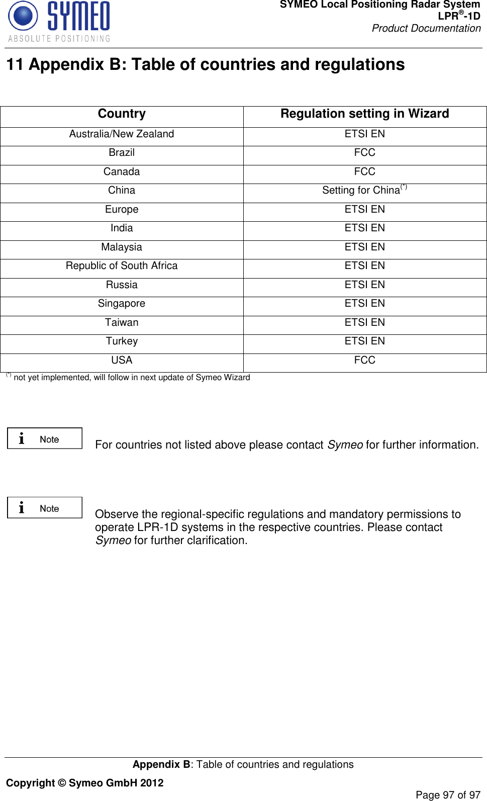 SYMEO Local Positioning Radar System LPR®-1D Product Documentation   Appendix B: Table of countries and regulations Copyright © Symeo GmbH 2012     Page 97 of 97 11 Appendix B: Table of countries and regulations  Country Regulation setting in Wizard Australia/New Zealand ETSI EN Brazil FCC Canada FCC China Setting for China(*) Europe ETSI EN India ETSI EN Malaysia ETSI EN Republic of South Africa ETSI EN Russia ETSI EN Singapore ETSI EN Taiwan ETSI EN Turkey ETSI EN USA FCC (*) not yet implemented, will follow in next update of Symeo Wizard     For countries not listed above please contact Symeo for further information.     Observe the regional-specific regulations and mandatory permissions to operate LPR-1D systems in the respective countries. Please contact Symeo for further clarification.   