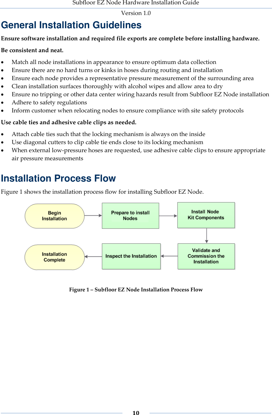 Subfloor EZ Node Hardware Installation Guide Version 1.0 10 General Installation Guidelines Ensure software installation and required file exports are complete before installing hardware. Be consistent and neat. Match all node installations in appearance to ensure optimum data collection Ensure there are no hard turns or kinks in hoses during routing and installation Ensure each node provides a representative pressure measurement of the surrounding area Clean installation surfaces thoroughly with alcohol wipes and allow area to dry Ensure no tripping or other data center wiring hazards result from Subfloor EZ Node installation Adhere to safety regulations Inform customer when relocating nodes to ensure compliance with site safety protocols Use cable ties and adhesive cable clips as needed. Attach cable ties such that the locking mechanism is always on the inside Use diagonal cutters to clip cable tie ends close to its locking mechanism When external low-pressure hoses are requested, use adhesive cable clips to ensure appropriate air pressure measurements Installation Process Flow Figure 1 shows the installation process flow for installing Subfloor EZ Node. Figure 1 – Subfloor EZ Node Installation Process Flow