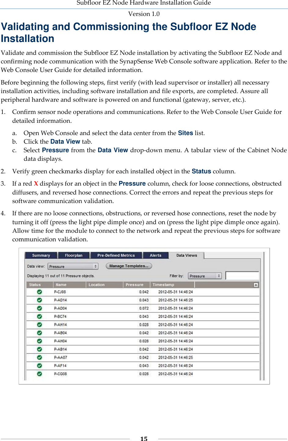 Subfloor EZ Node Hardware Installation Guide Version 1.0 15 Validating and Commissioning the Subfloor EZ Node Installation Validate and commission the Subfloor EZ Node installation by activating the Subfloor EZ Node and confirming node communication with the SynapSense Web Console software application. Refer to the Web Console User Guide for detailed information. Before beginning the following steps, first verify (with lead supervisor or installer) all necessary installation activities, including software installation and file exports, are completed. Assure all peripheral hardware and software is powered on and functional (gateway, server, etc.). 1. Confirm sensor node operations and communications. Refer to the Web Console User Guide for detailed information. a. Open Web Console and select the data center from the Sites list. b. Click the Data View tab. c. Select Pressure from the Data View drop-down menu. A tabular view of the Cabinet Node data displays. 2. Verify green checkmarks display for each installed object in the Status column. 3. If a red X displays for an object in the Pressure column, check for loose connections, obstructed diffusers, and reversed hose connections. Correct the errors and repeat the previous steps for software communication validation. 4. If there are no loose connections, obstructions, or reversed hose connections, reset the node by turning it off (press the light pipe dimple once) and on (press the light pipe dimple once again). Allow time for the module to connect to the network and repeat the previous steps for software communication validation.
