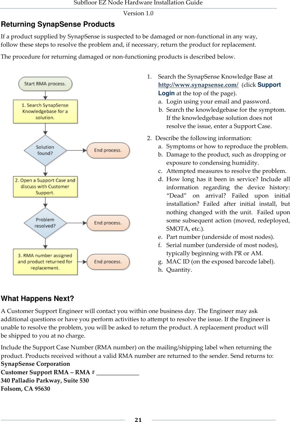 Subfloor EZ Node Hardware Installation Guide Version 1.0 21 Returning SynapSense Products If a product supplied by SynapSense is suspected to be damaged or non-functional in any way, follow these steps to resolve the problem and, if necessary, return the product for replacement. The procedure for returning damaged or non-functioning products is described below. 1. Search the SynapSense Knowledge Base at http://www.synapsense.com/ (click Support Login at the top of the page). a. Login using your email and password. b. Search the knowledgebase for the symptom. If the knowledgebase solution does not resolve the issue, enter a Support Case. 2. Describe the following information: a. Symptoms or how to reproduce the problem. b. Damage to the product, such as dropping or exposure to condensing humidity. c. Attempted measures to resolve the problem. d. How long has it been in service? Include all information regarding the device history: “Dead” on arrival? Failed upon initial installation? Failed after initial install, but nothing changed with the unit. Failed upon some subsequent action (moved, redeployed, SMOTA, etc.). e. Part number (underside of most nodes). f. Serial number (underside of most nodes), typically beginning with PR or AM. g. MAC ID (on the exposed barcode label). h. Quantity. What Happens Next? A Customer Support Engineer will contact you within one business day. The Engineer may ask additional questions or have you perform activities to attempt to resolve the issue. If the Engineer is unable to resolve the problem, you will be asked to return the product. A replacement product will be shipped to you at no charge. Include the Support Case Number (RMA number) on the mailing/shipping label when returning the product. Products received without a valid RMA number are returned to the sender. Send returns to: SynapSense Corporation Customer Support RMA – RMA # ______________ 340 Palladio Parkway, Suite 530 Folsom, CA 95630