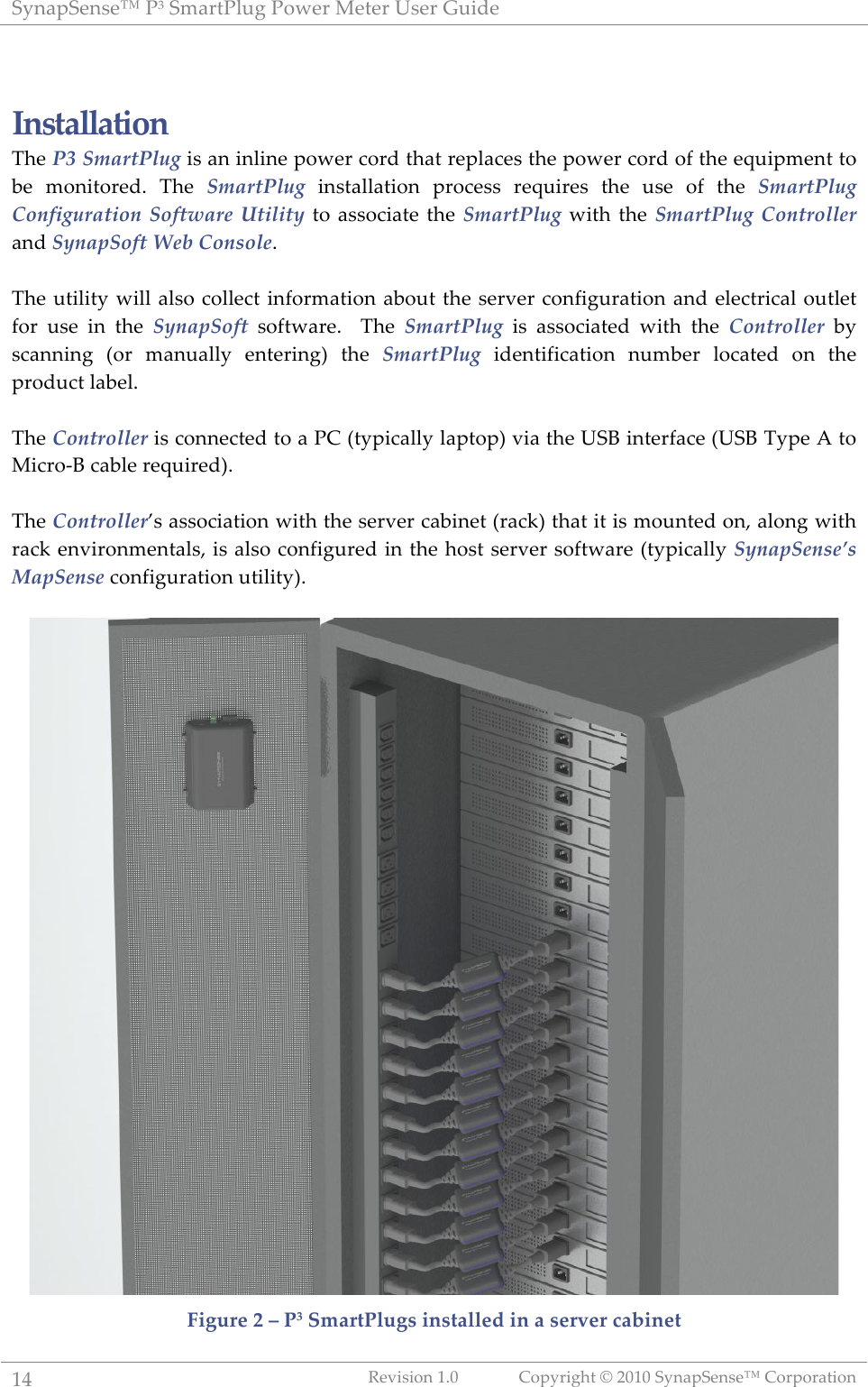 "#$%&"'$(')!*+!",%-.*/01!*23'-!4'.'-!5('-!6078'!!?L!@'A7(72$!?:>!B2&#-71C.!D!=>?>!"#$%&"'$(')!B2-&2-%.72$!!'Installation'\C'!P3,SmartPlug!7(!%$!7$/7$'!&23'-!N2-8!.C%.!-'&/%N'(!.C'!&23'-!N2-8!2G!.C'!'R07&,'$.!.2!V'! ,2$7.2-'8:! \C'! SmartPlug!7$(.%//%.72$! &-2N'((! -'R07-'(! .C'! 0('! 2G! .C'! SmartPlug,Configuration,Software,Utility!.2!%((2N7%.'! .C'!SmartPlug!37.C!.C'!SmartPlug,Controller!%$8!SynapSoft,Web,Console:!!\C'!0.7/7.#!37//!%/(2!N2//'N.!7$G2-,%.72$!%V20.!.C'!('-A'-!N2$G710-%.72$!%$8!'/'N.-7N%/!20./'.!G2-! 0('! 7$! .C'! SynapSoft!(2G.3%-':! ! \C'! SmartPlug!7(! %((2N7%.'8! 37.C! .C'! Controller!V#!(N%$$7$1! W2-! ,%$0%//#! '$.'-7$1Y! .C'! SmartPlug!78'$.7G7N%.72$! $0,V'-! /2N%.'8! 2$! .C'!&-280N.!/%V'/:!!\C'!Controller!7(!N2$$'N.'8!.2!%!*B!W.#&7N%//#!/%&.2&Y!A7%!.C'!5"H!7$.'-G%N'!W5"H!\#&'!9!.2!47N-2`H!N%V/'!-'R07-'8Y:!!!!\C'!ControllerZ(!%((2N7%.72$!37.C!.C'!('-A'-!N%V7$'.!W-%NIY!.C%.!7.!7(!,20$.'8!2$<!%/2$1!37.C!-%NI!'$A7-2$,'$.%/(<!7(!%/(2!N2$G710-'8!7$!.C'!C2(.!('-A'-!(2G.3%-'!W.#&7N%//#!SynapSense’s,MapSense!N2$G710-%.72$!0.7/7.#Y:!!!Figure'2'–'P3'SmartPlugs'installed'in'a'server'cabinet'