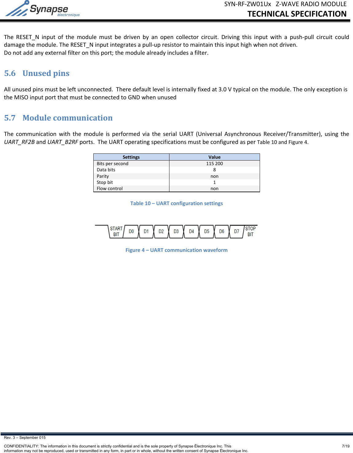 SYN‐RF‐ZW01UxZ‐WAVERADIOMODULETECHNICALSPECIFICATIONRev. 3 – September 015    CONFIDENTIALITY: The information in this document is strictly confidential and is the sole property of Synapse Électronique Inc. This information may not be reproduced, used or transmitted in any form, in part or in whole, without the written consent of Synapse Électronique Inc.7/19TheRESET_Ninputofthemodulemustbedrivenbyanopencollectorcircuit.Drivingthisinputwithapush‐pullcircuitcoulddamagethemodule.TheRESET_Ninputintegratesapull‐upresistortomaintainthisinputhighwhennotdriven.Donotaddanyexternalfilteronthisport;themodulealreadyincludesafilter.5.6 UnusedpinsAllunusedpinsmustbeleftunconnected.Theredefaultlevelisinternallyfixedat3.0Vtypicalonthemodule.TheonlyexceptionistheMISOinputportthatmustbeconnectedtoGNDwhenunused5.7 ModulecommunicationThecommunicationwiththemoduleisperformedviatheserialUART(UniversalAsynchronousReceiver/Transmitter),usingtheUART_RF2BandUART_B2RFports.TheUARToperatingspecificationsmustbeconfiguredasperTable10andFigure4.Settings ValueBitspersecond115200Databits8ParitynonStopbit1FlowcontrolnonTable10–UARTconfigurationsettingsFigure4–UARTcommunicationwaveform