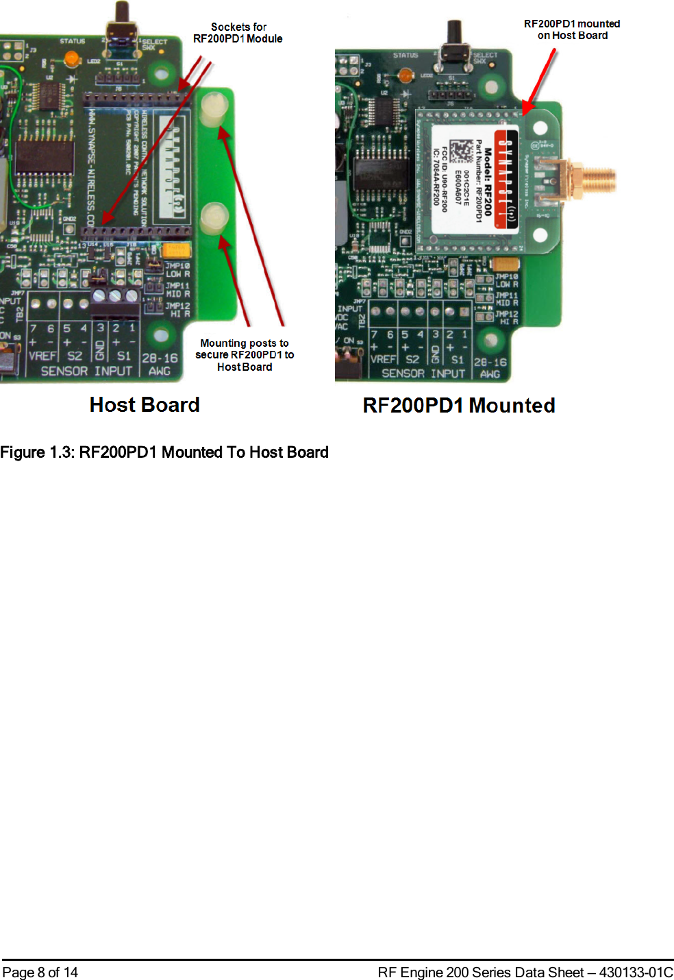 Page 8 of 14 RF Engine 200 Series Data Sheet — 430133-01CFigure 1.3: RF200PD1 Mounted To Host Board
