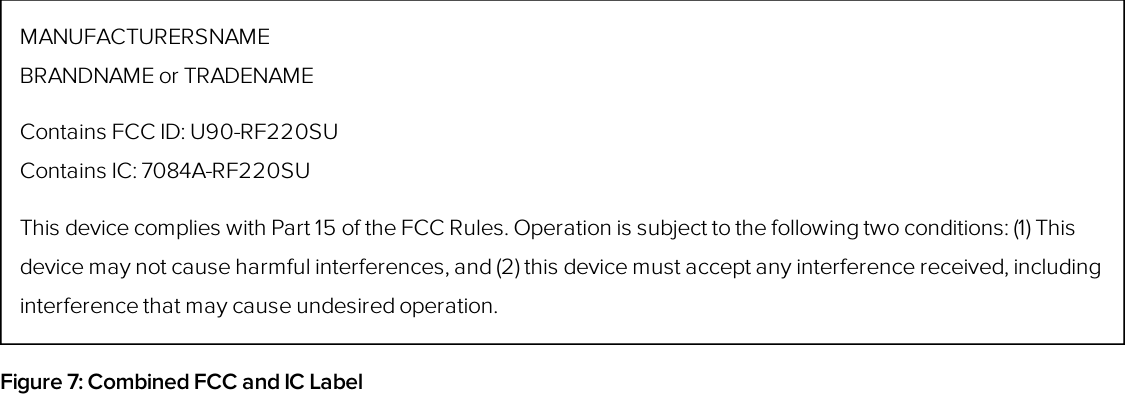 MANUFACTURERSNAMEBRANDNAMEor TRADENAMEContains FCC ID: U90-RF220SUContains IC: 7084A-RF220SUThis device complies with Part 15 of the FCCRules. Operation is subject to the following two conditions:(1) Thisdevice may not cause harmful interferences, and (2) this device must accept any interference received, includinginterference that may cause undesired operation.Figure 7: Combined FCCand IC Label