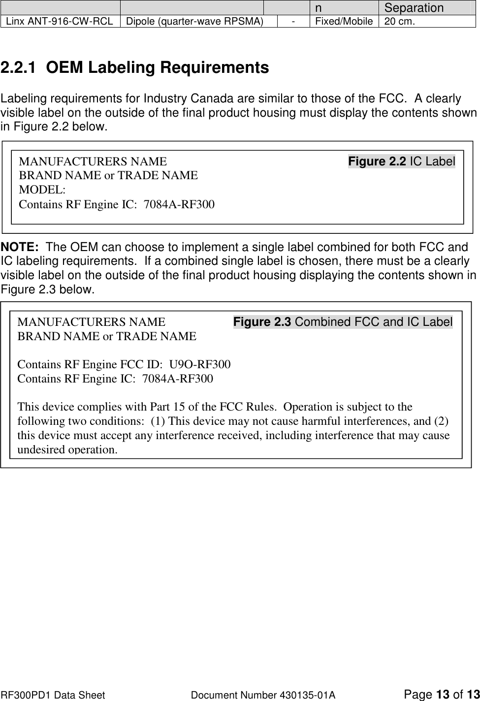                                                                                                                                                                          RF300PD1 Data Sheet                   Document Number 430135-01A Page 13 of 13 n  Separation Linx ANT-916-CW-RCL  Dipole (quarter-wave RPSMA)  -  Fixed/Mobile 20 cm.   2.2.1  OEM Labeling Requirements  Labeling requirements for Industry Canada are similar to those of the FCC.  A clearly visible label on the outside of the final product housing must display the contents shown in Figure 2.2 below.       NOTE:  The OEM can choose to implement a single label combined for both FCC and IC labeling requirements.  If a combined single label is chosen, there must be a clearly visible label on the outside of the final product housing displaying the contents shown in Figure 2.3 below.              MANUFACTURERS NAME                   Figure 2.2 IC Label BRAND NAME or TRADE NAME MODEL: Contains RF Engine IC:  7084A-RF300 MANUFACTURERS NAME                      Figure 2.3 Combined FCC and IC Label BRAND NAME or TRADE NAME  Contains RF Engine FCC ID:  U9O-RF300 Contains RF Engine IC:  7084A-RF300  This device complies with Part 15 of the FCC Rules.  Operation is subject to the following two conditions:  (1) This device may not cause harmful interferences, and (2) this device must accept any interference received, including interference that may cause undesired operation. 