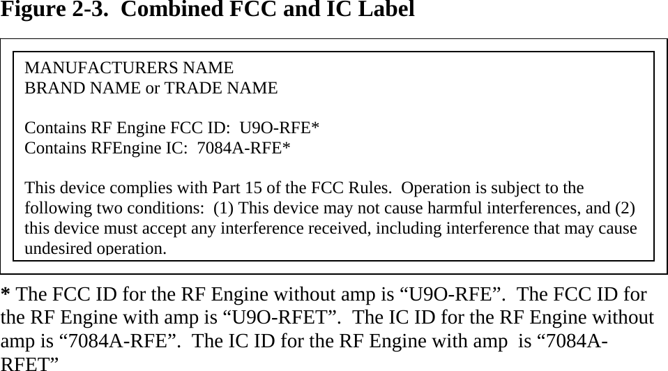  Figure 2-3.  Combined FCC and IC Label           * The FCC ID for the RF Engine without amp is “U9O-RFE”.  The FCC ID for the RF Engine with amp is “U9O-RFET”.  The IC ID for the RF Engine without amp is “7084A-RFE”.  The IC ID for the RF Engine with amp  is “7084A-RFET”  MANUFACTURERS NAME BRAND NAME or TRADE NAME  Contains RF Engine FCC ID:  U9O-RFE* Contains RFEngine IC:  7084A-RFE*  This device complies with Part 15 of the FCC Rules.  Operation is subject to the following two conditions:  (1) This device may not cause harmful interferences, and (2) this device must accept any interference received, including interference that may cause undesired operation. 