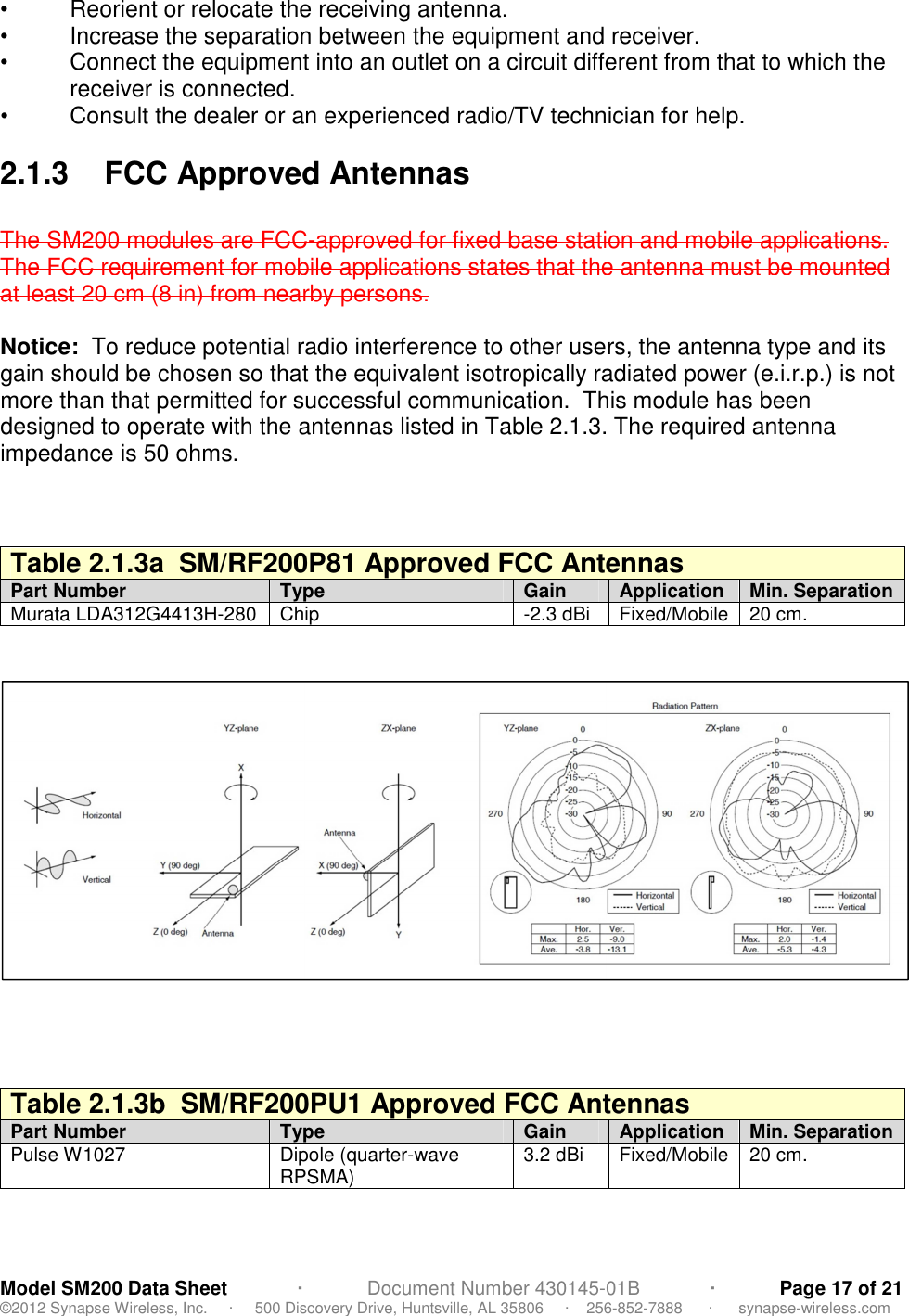 Model SM200 Data Sheet             ·            Document Number 430145-01B             ·            Page 17 of 21 ©2012 Synapse Wireless, Inc.     ·     500 Discovery Drive, Huntsville, AL 35806     ·    256-852-7888      ·      synapse-wireless.com •   Reorient or relocate the receiving antenna. •   Increase the separation between the equipment and receiver. •   Connect the equipment into an outlet on a circuit different from that to which the receiver is connected. •   Consult the dealer or an experienced radio/TV technician for help.  2.1.3  FCC Approved Antennas  The SM200 modules are FCC-approved for fixed base station and mobile applications.  The FCC requirement for mobile applications states that the antenna must be mounted at least 20 cm (8 in) from nearby persons.    Notice:  To reduce potential radio interference to other users, the antenna type and its gain should be chosen so that the equivalent isotropically radiated power (e.i.r.p.) is not more than that permitted for successful communication.  This module has been designed to operate with the antennas listed in Table 2.1.3. The required antenna impedance is 50 ohms.    Table 2.1.3a  SM/RF200P81 Approved FCC Antennas Part Number Type  Gain Application Min. Separation Murata LDA312G4413H-280  Chip  -2.3 dBi  Fixed/Mobile 20 cm.        Table 2.1.3b  SM/RF200PU1 Approved FCC Antennas Part Number Type  Gain Application Min. Separation Pulse W1027  Dipole (quarter-wave RPSMA)  3.2 dBi  Fixed/Mobile 20 cm.   