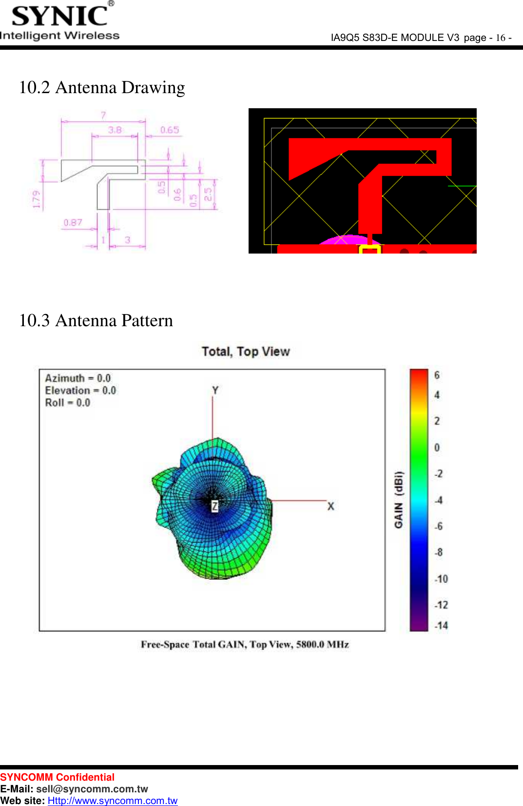               IA9Q5 S83D-E MODULE V3 page - 16 -  SYNCOMM Confidential     E-Mail: sell@syncomm.com.tw Web site: Http://www.syncomm.com.tw       10.2 Antenna Drawing            10.3 Antenna Pattern 