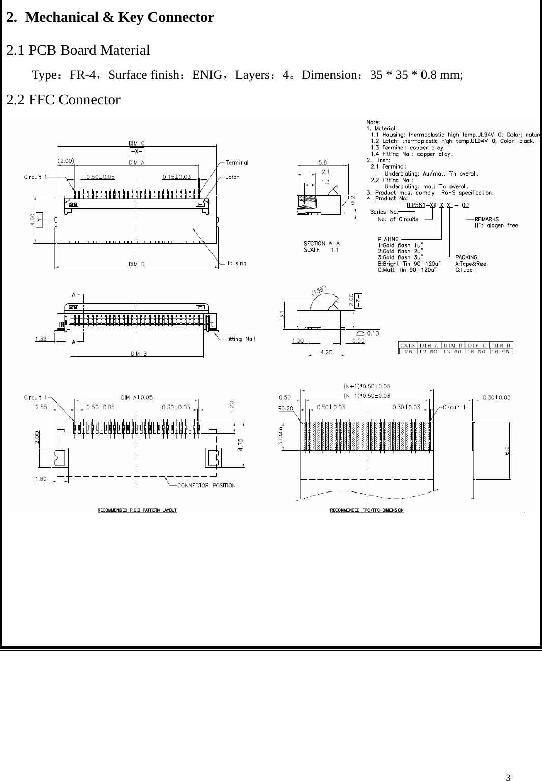    32. Mechanical &amp; Key Connector 2.1 PCB Board Material Type：FR-4，Surface finish：ENIG，Layers：4。Dimension：35 * 35 * 0.8 mm; 2.2 FFC Connector           