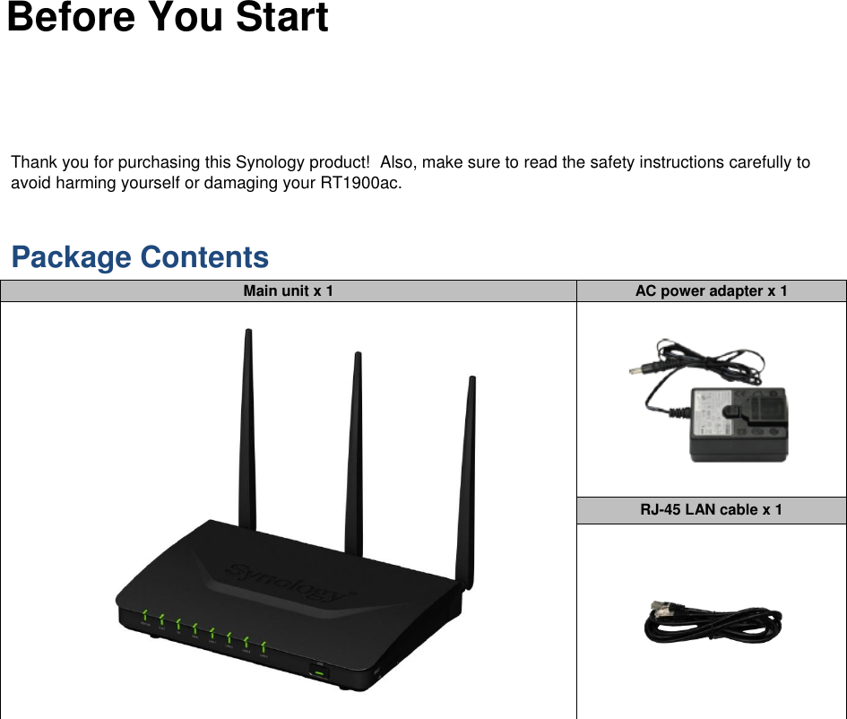   Chapter 0: Before You Start Thank you for purchasing this Synology product!  Also, make sure to read the safety instructions carefully to avoid harming yourself or damaging your RT1900ac. Package Contents Main unit x 1 AC power adapter x 1   RJ-45 LAN cable x 1      