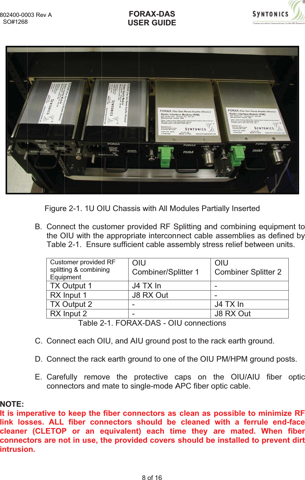 802400-00  SO#1268NOTE:It is implink loscleanerconnectintrusio003 Rev A 8FigureB. ConntheOTableCustosplittiEquipTXORXITXORXIC. ConnD. ConnE. Carefconneperative tosses. ALL (CLETOPtors are noon.e 2-1. 1U Onect the cusOIU with thee 2-1.  Ensuomer providedng &amp; combinipment Output 1 nput 1 Output 2 nput 2 Table2nect each Onect the racfully remoectors and o keep the fiber conP or an eot in use, tFOUSOIU Chassisstomer prove appropriaure sufficiend RF ingOICoJ4J8--2-1. FORAXOIU, and AIUk earth grove the prmate to sinfiber connnnectorssequivalent)the provideORAX-DASER GUIDE8 of 16 s with All Mvided RF Sate interconnt cable assIUombiner/Sp4 TX In 8 RX Out X-DAS - OIU ground pund to one rotectivecngle-mode Anectors asshould be ) each timed covers odules ParSplitting andnect cable sembly streplitter 1 U connectipost to the rof the OIUcaps on tAPC fiber o clean as cleanedme they ashould bertially Insertd combininassemblieess relief beOIUCombiner--J4 TX In J8 RX Out ons rack earth g PM/HPM gthe OIU/Aoptic cable. possible twith a feare matede installed tedng equipmes as defineetween unitSplitter 2 ground.ground posAIU fiber o minimizerrule end-d. When fto preventent to ed by ts.sts.optice RF -facefibert dirt 