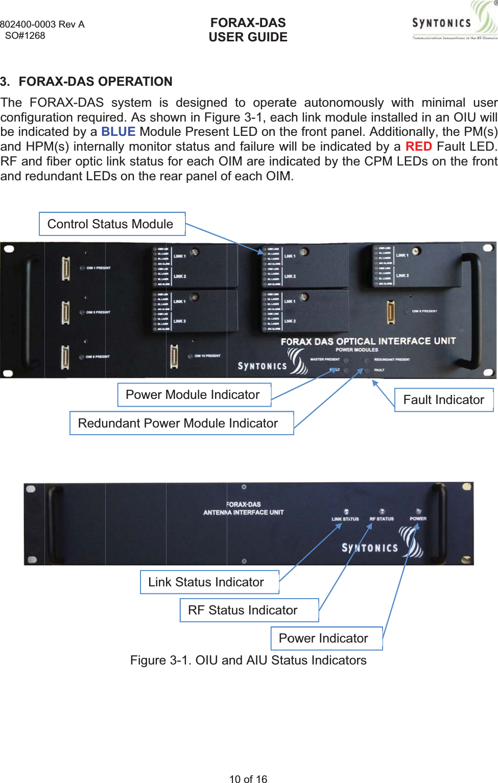 802400-00  SO#12683. FORThe FOconfigurbe indicand HPMRF and and redu003 Rev A 8RAX-DAS OORAX-DASration requiated by a BM(s) internfiber optic undant LEDReduControl StaOPERATIONsystem isred. As shoBLUE Modually monitolink status Ds on the reFigureLinkPowerundant Powatus ModulFOUSNs designedown in Figuule Presentor status anfor each Oear panel o 3-1. OIU ak Status IndRF StaModule Indwer Module eORAX-DASER GUIDE10 of 16  to operature 3-1, eact LED on thnd failure wOIM are indiof each OIMand AIU Stadicatortus IndicatoPodicatorIndicatorte autonomch link modhe front panwill be indicaicated by thM.atus Indicatorower Indicamously withdule installenel. Additionated by a Rhe CPM LEtorsatorFh minimal ed in an OIUnally, the PRED Fault EDs on the Fault IndicatuserU will PM(s) LED.front tor