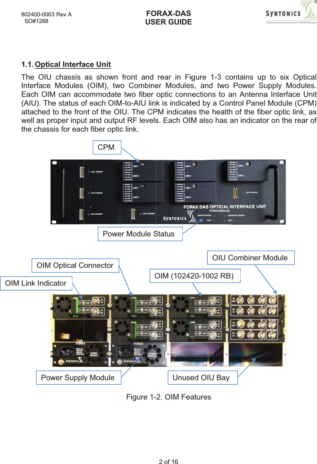 OI802400-00  SO#12681.1. OptThe OIUInterfaceEach O(AIU). Tattachedwell as pthe chasPoIM Link IndOIM003 Rev A 8ical InterfaU chassis e Modules IM can acche status od to the fronproper inpussis for eacower SupplicatorM Optical Cace Unit as shown (OIM), twcommodateof each OIMnt of the Out and outpuch fiber opticCPMPowey Module onnectorFOUSfront and wo Combinee two fiber M-to-AIU linIU. The CPut RF levelsc link. Figure 1-er Module SOORAX-DASER GUIDE2 of 16 rear in Figer Modulesoptic connek is indicatePM indicates. Each OIM-2. OIM FeaStatusOIM (10242Unusegure 1-3 cs, and twoections to ed by a Coes the healtM also has atures20-1002 RBOIUCed OIU Baycontains upo Power SuanAntennaontrol Panelth of the fiban indicatoB)CombinerMyp to six Opupply Moda Interface l Module (Cber optic linor on the reModulepticalules.UnitCPM) k, as ear of 