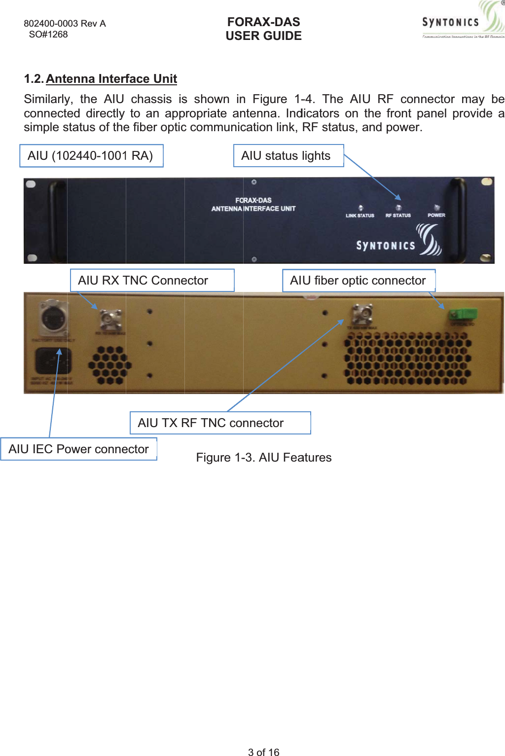 802400-00  SO#12681.2. AnteSimilarlyconnectsimplesAIU IEC PoAIU (10003 Rev A 8enna Interfy, the AIU ed directly status of theAIU RX Tower conne02440-1001face Unit chassis isto an appe fiber opticTNC ConneAIU TX Rector RA) FOUSs shown inpropriate anc communicFigure 1-AectorRF TNC conORAX-DASER GUIDE3 of 16 n Figure 1-ntenna. Indcation link, -3. AIU FeaAIU status nnectorAI-4. The AIdicators on RF status, atureslightsU fiber optiU RF conthe front pand poweric connectonector mapanel provi.ory be de a 