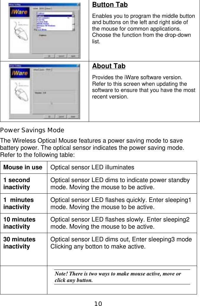 10Button TabEnables you to program the middle buttonand buttons on the left and right side ofthe mouse for common applications.Choose the function from the drop-downlist.About TabProvides the iWare software version.Refer to this screen when updating thesoftware to ensure that you have the mostrecent version.Power Savings ModeThe Wireless Optical Mouse features a power saving mode to savebattery power. The optical sensor indicates the power saving mode.Refer to the following table:Mouse in use Optical sensor LED illuminates1 secondinactivity Optical sensor LED dims to indicate power standbymode. Moving the mouse to be active.1  minutesinactivity Optical sensor LED flashes quickly. Enter sleeping1mode. Moving the mouse to be active.10 minutesinactivity Optical sensor LED flashes slowly. Enter sleeping2mode. Moving the mouse to be active.30 minutesinactivity Optical sensor LED dims out, Enter sleeping3 modeClicking any botton to make active.    Note! There is two ways to make mouse active, move orclick any button.