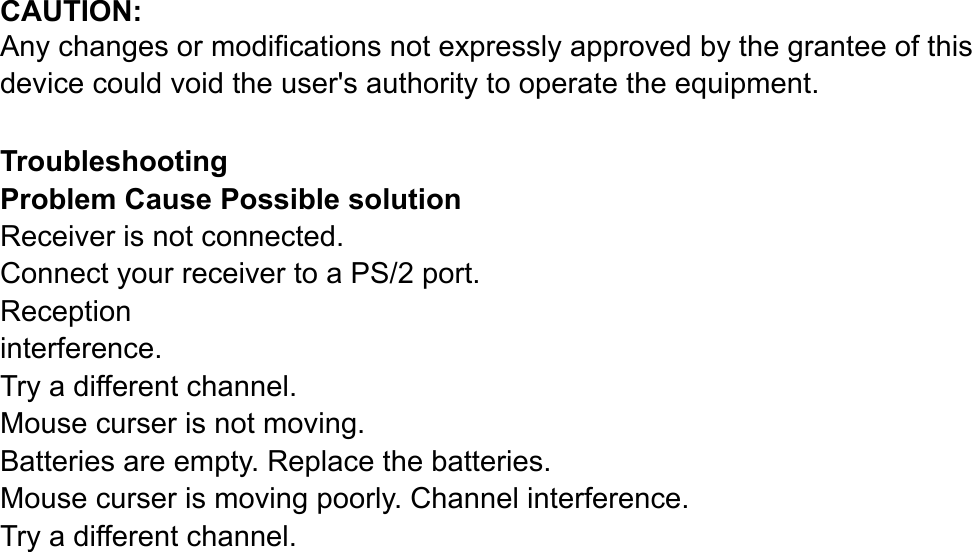 CAUTION:  Any changes or modifications not expressly approved by the grantee of this device could void the user&apos;s authority to operate the equipment.  Troubleshooting Problem Cause Possible solution Receiver is not connected. Connect your receiver to a PS/2 port. Reception interference. Try a different channel. Mouse curser is not moving. Batteries are empty. Replace the batteries. Mouse curser is moving poorly. Channel interference. Try a different channel.  