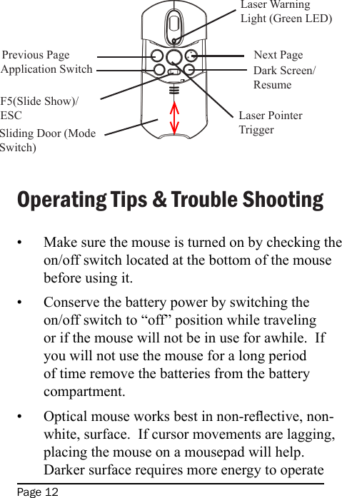 Page 12 Operating Tips &amp; Trouble ShootingMake sure the mouse is turned on by checking the on/off switch located at the bottom of the mouse before using it.Conserve the battery power by switching the on/off switch to “off” position while traveling or if the mouse will not be in use for awhile.  If you will not use the mouse for a long period of time remove the batteries from the battery compartment.Optical mouse works best in non-reective, non-white, surface.  If cursor movements are lagging, placing the mouse on a mousepad will help.  Darker surface requires more energy to operate •••Next PagePrevious PageApplication Switch Dark Screen/ResumeLaser Warning Light (Green LED)Laser Pointer TriggerF5(Slide Show)/ESCSliding Door (Mode Switch)