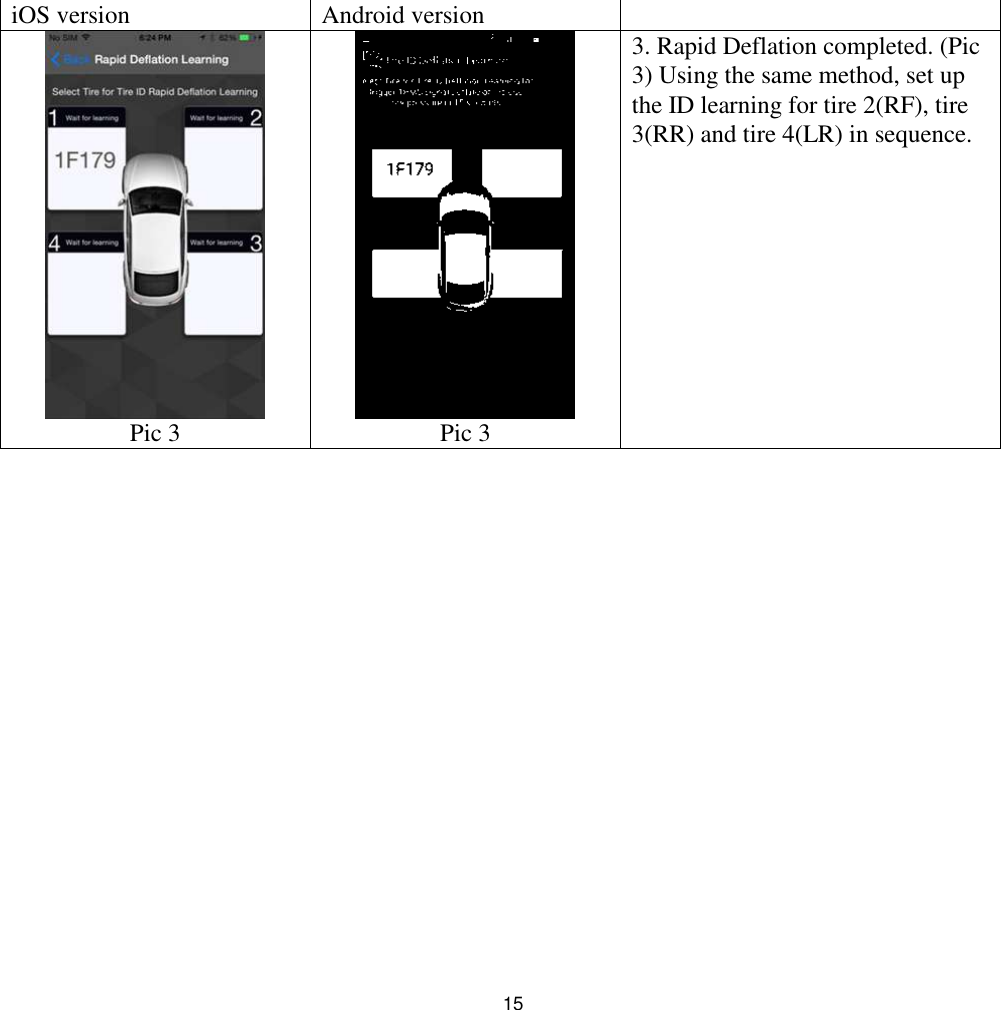 15iOS version Android versionPic 3 Pic 33. Rapid Deflation completed. (Pic3) Using the same method, set upthe ID learning for tire 2(RF), tire3(RR) and tire 4(LR) in sequence.