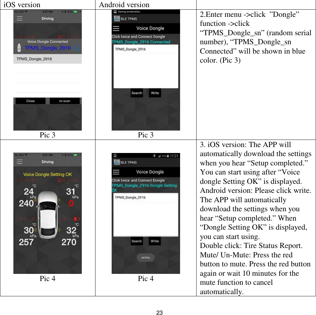 23iOS version Android versionPic 3 Pic 32.Enter menu -&gt;click ”Dongle”function -&gt;click“TPMS_Dongle_sn” (random serialnumber), “TPMS_Dongle_snConnected” will be shown in bluecolor. (Pic 3)Pic 4 Pic 43. iOS version: The APP willautomatically download the settingswhen you hear “Setup completed.”You can start using after “Voicedongle Setting OK” is displayed.Android version: Please click write.The APP will automaticallydownload the settings when youhear “Setup completed.” When“Dongle Setting OK” is displayed,you can start using.Double click: Tire Status Report.Mute/ Un-Mute: Press the redbutton to mute. Press the red buttonagain or wait 10 minutes for themute function to cancelautomatically.