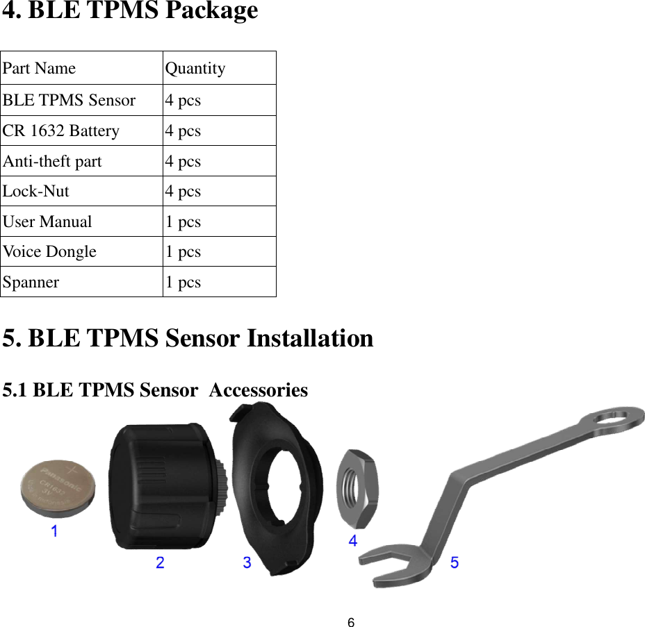 64. BLE TPMS Package5. BLE TPMS Sensor Installation5.1 BLE TPMS Sensor AccessoriesPart Name QuantityBLE TPMS Sensor 4 pcsCR 1632 Battery 4 pcsAnti-theft part 4 pcsLock-Nut 4 pcsUser Manual 1 pcsVoice Dongle 1 pcsSpanner 1 pcs